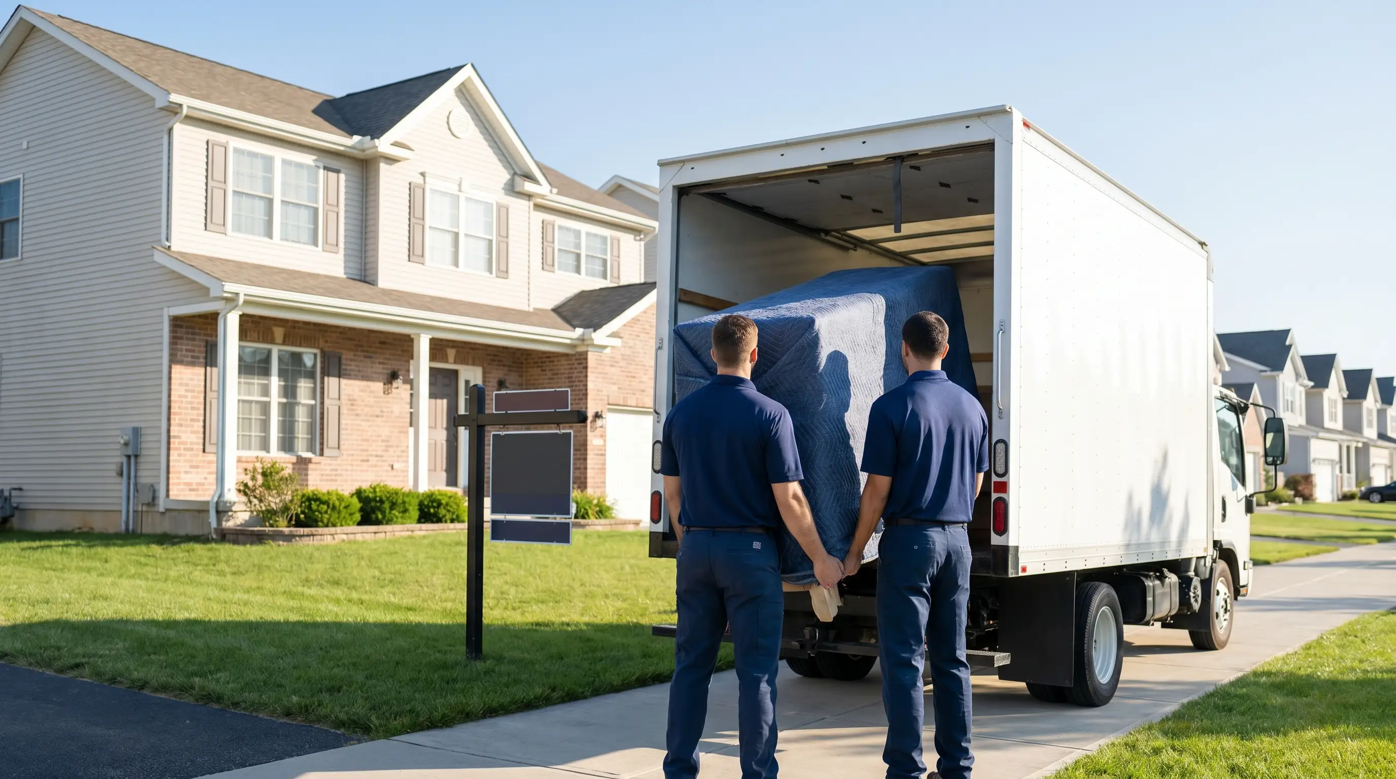 Professional moving crew loading furniture into truck in front of Frederick MD colonial home
