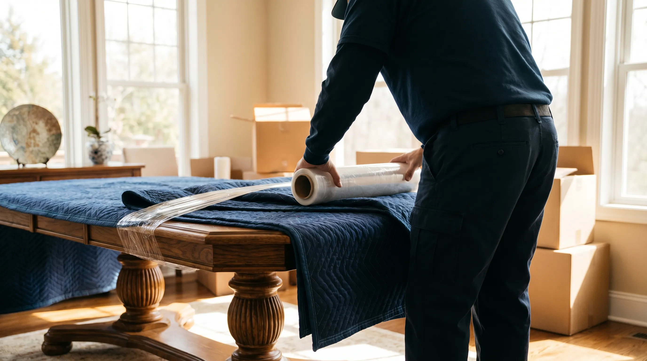 Professional moving crew loading furniture into truck in front of Frederick MD colonial home