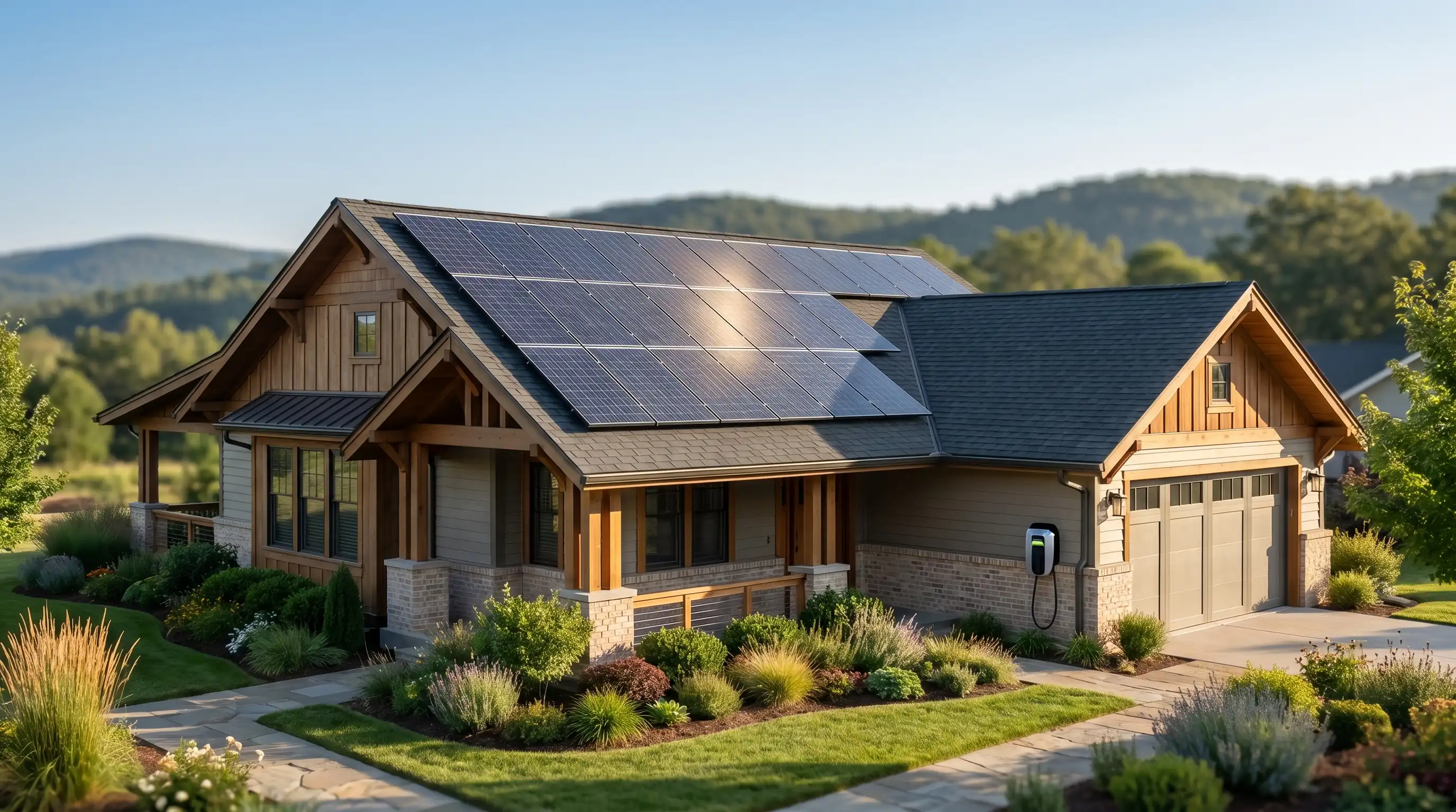 Modern Frederick MD home with solar panels installed on south-facing roof in Urbana neighborhood