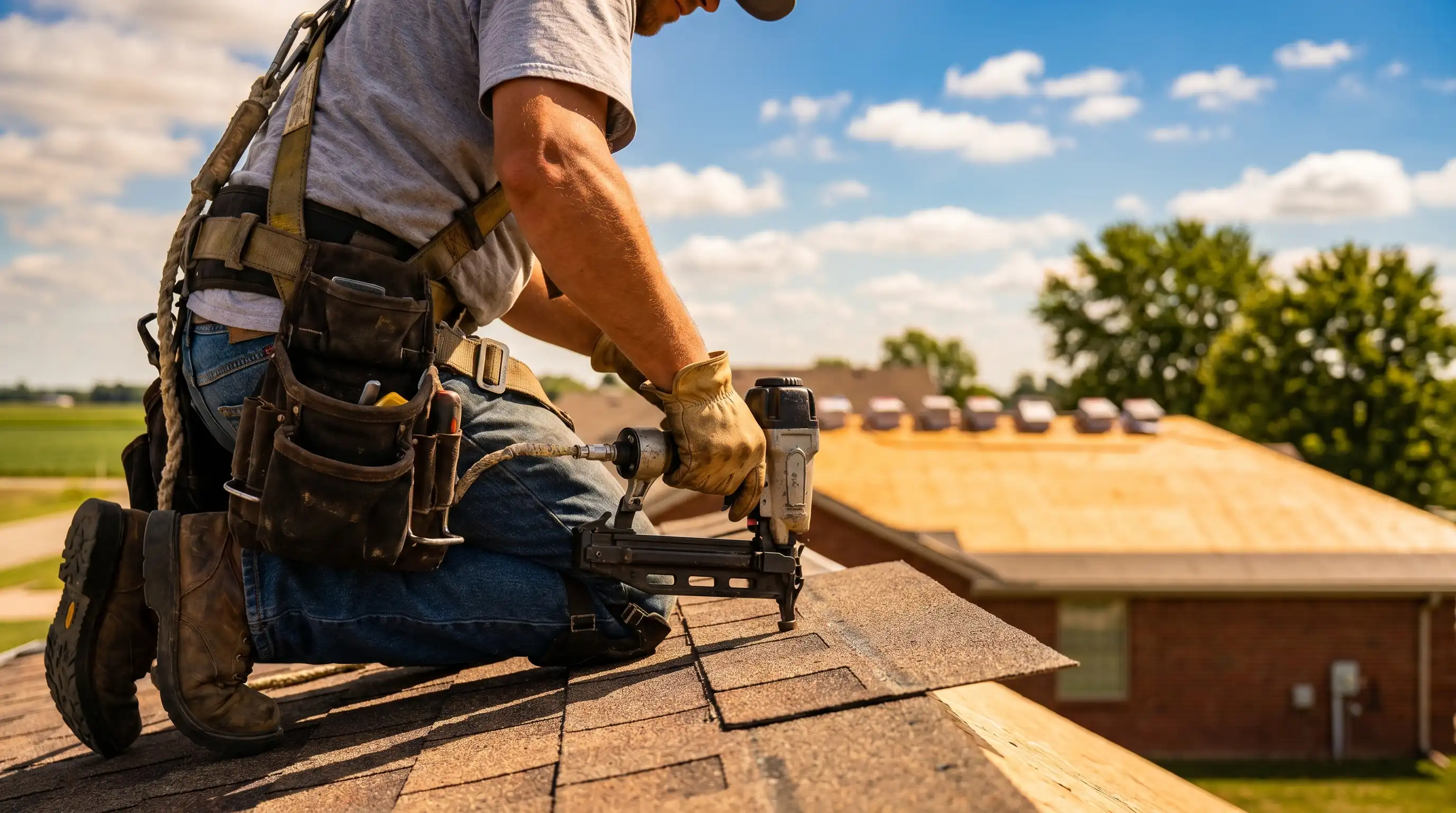 Professional roofer in safety harness installing architectural shingles on a residential roof in Jonesboro, AR