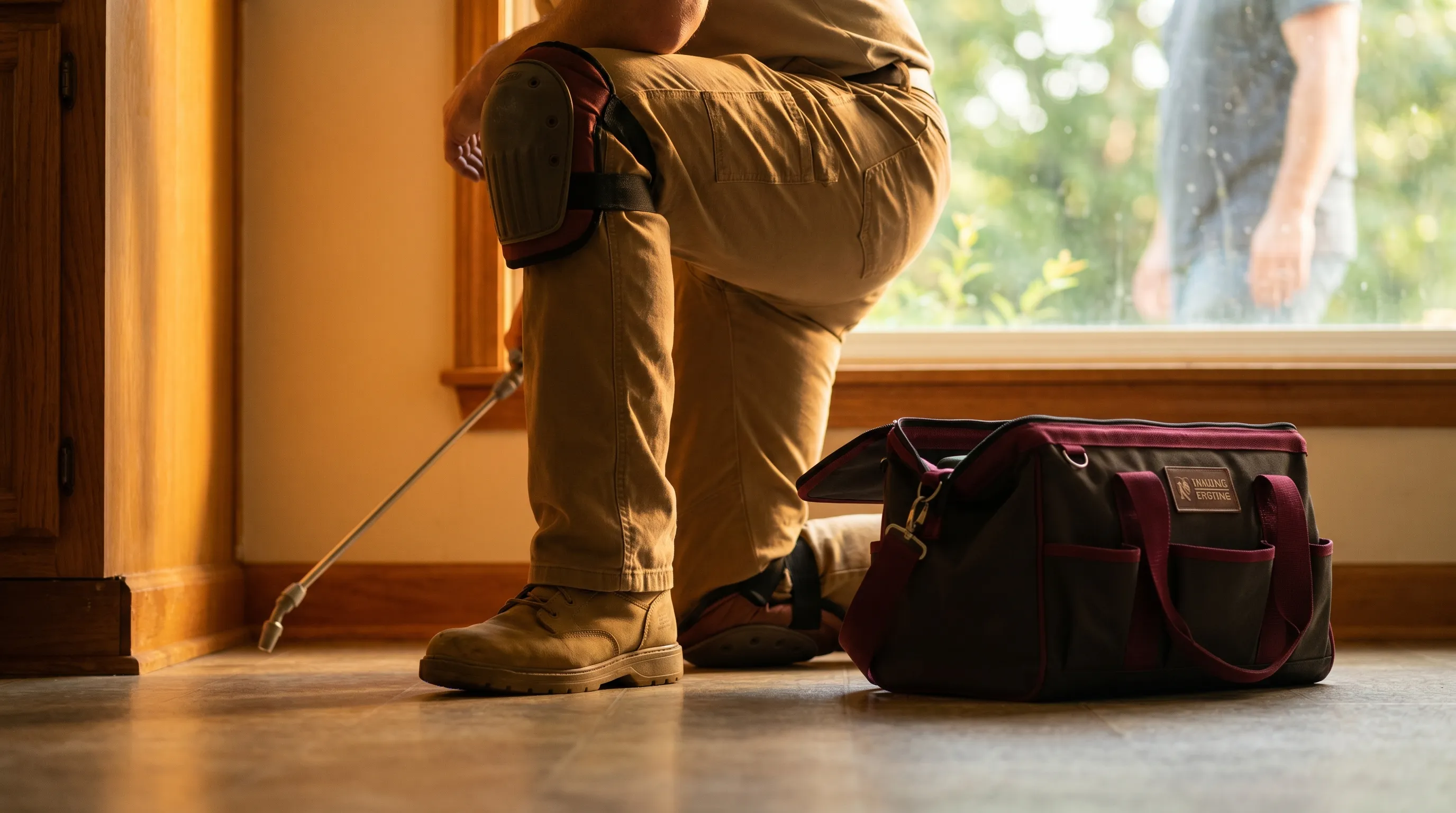 Professional pest control technician treating kitchen baseboard in a residential home in Jonesboro, AR