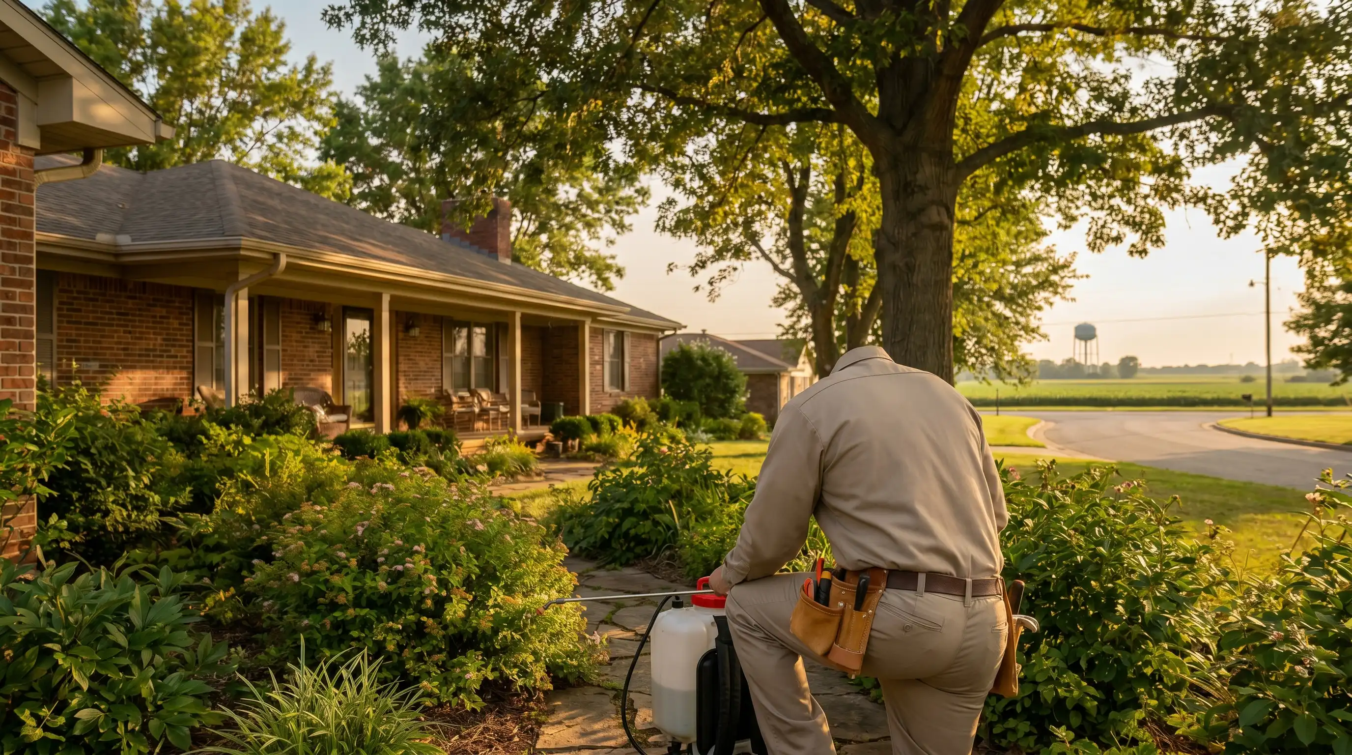 Professional pest control technician treating kitchen baseboard in a residential home in Jonesboro, AR