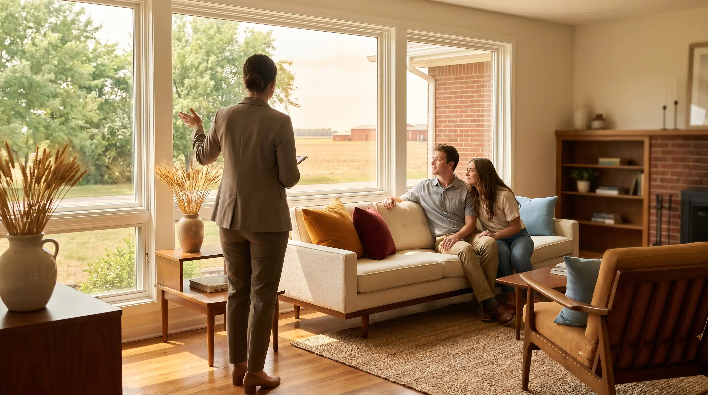 Professional real estate agent showing a young couple through a bright living room in a Jonesboro, AR home