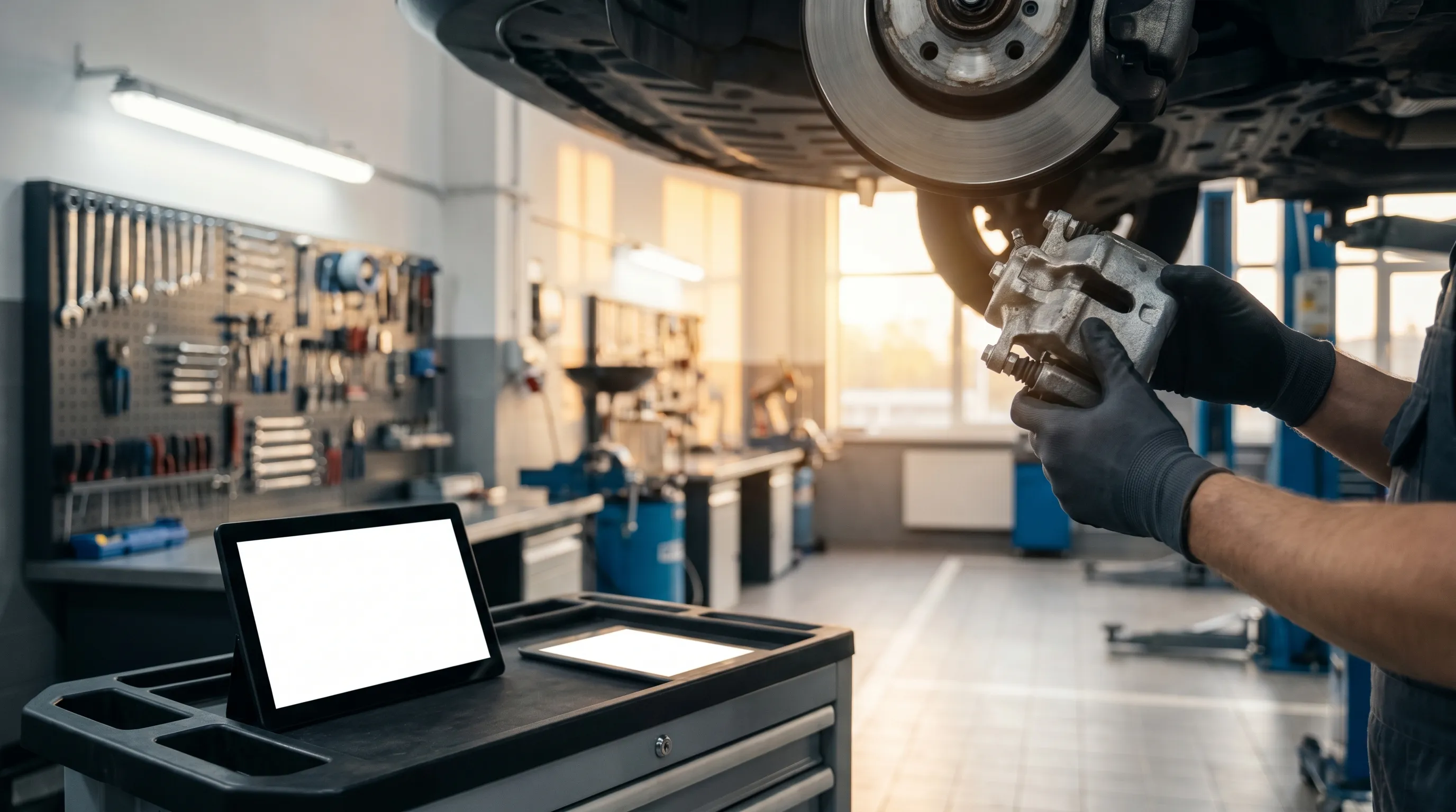 ASE-certified mechanic performing a brake inspection on a raised vehicle inside an auto repair shop in Jonesboro, AR