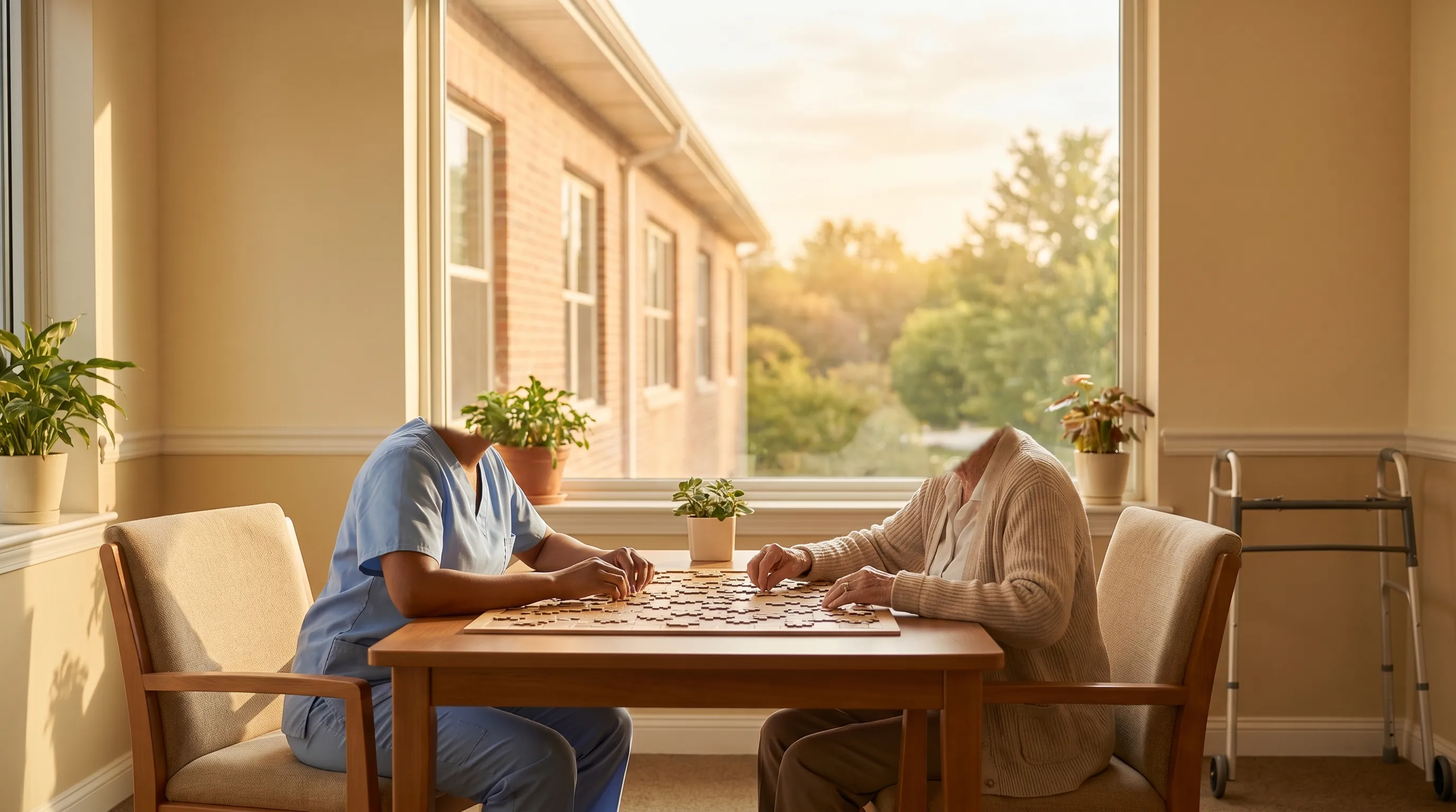 Warm interaction between a caregiver in scrubs and an elderly resident in the common room of a senior living community in Jonesboro, AR