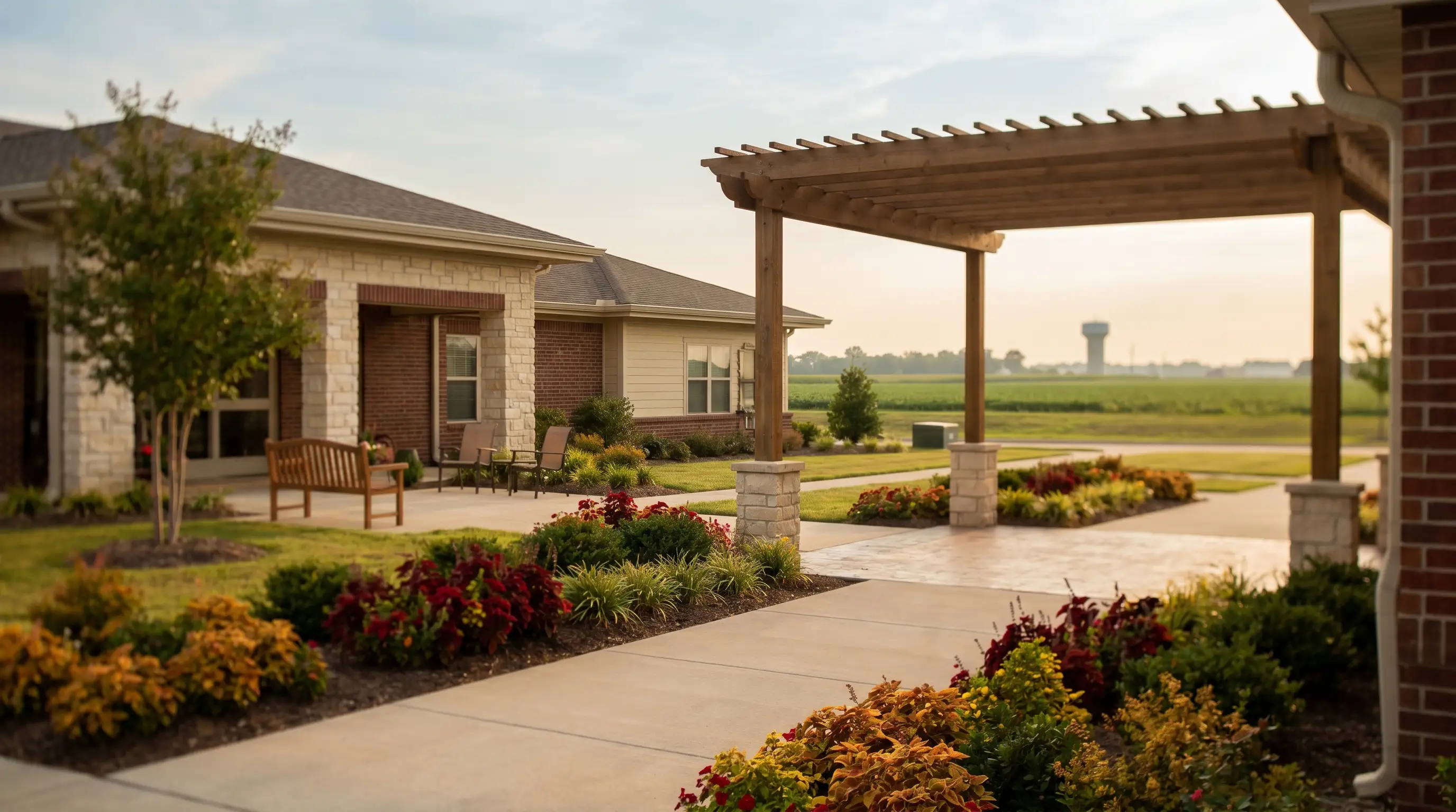 Warm interaction between a caregiver in scrubs and an elderly resident in the common room of a senior living community in Jonesboro, AR