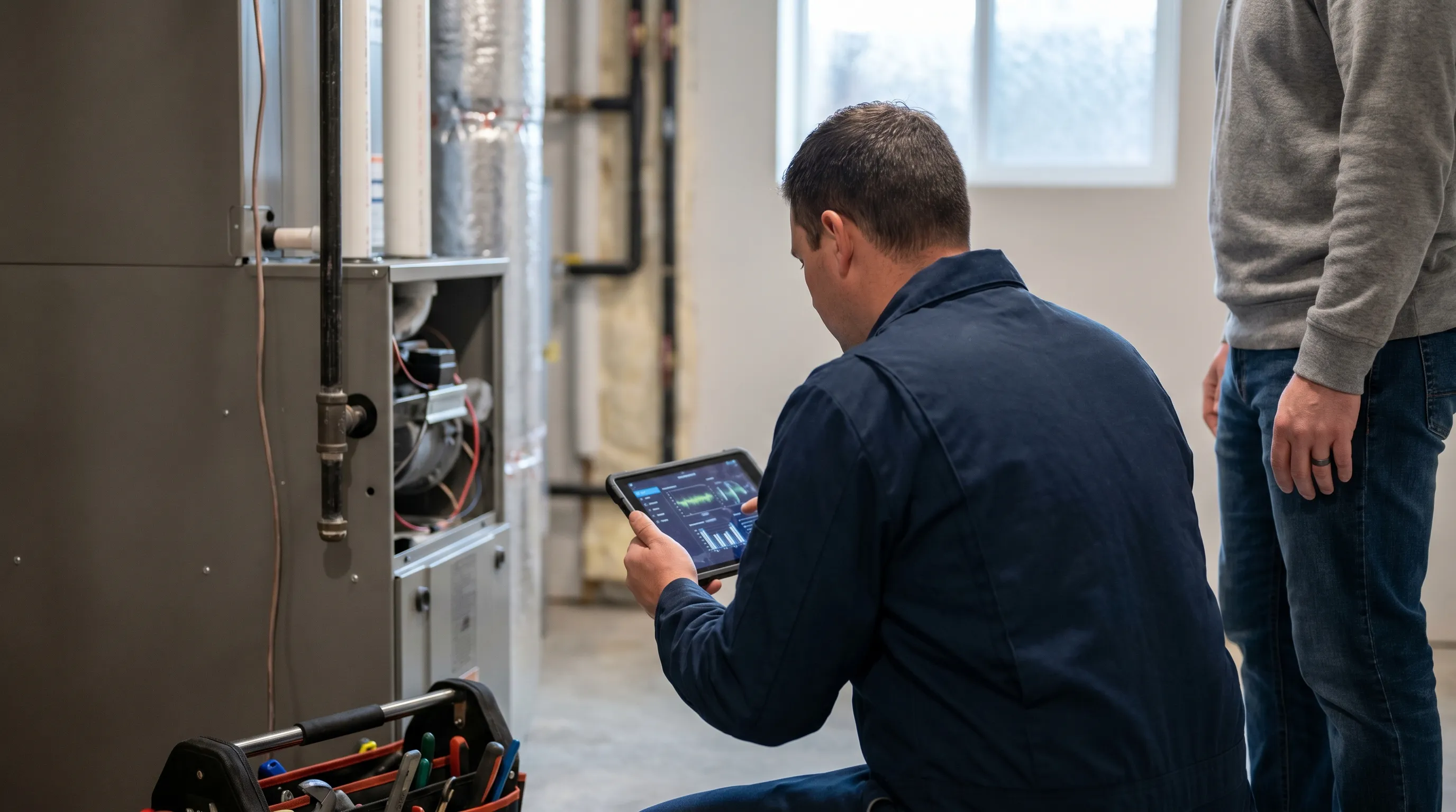 Professional HVAC technician servicing a furnace in a Rapid City, SD home during winter