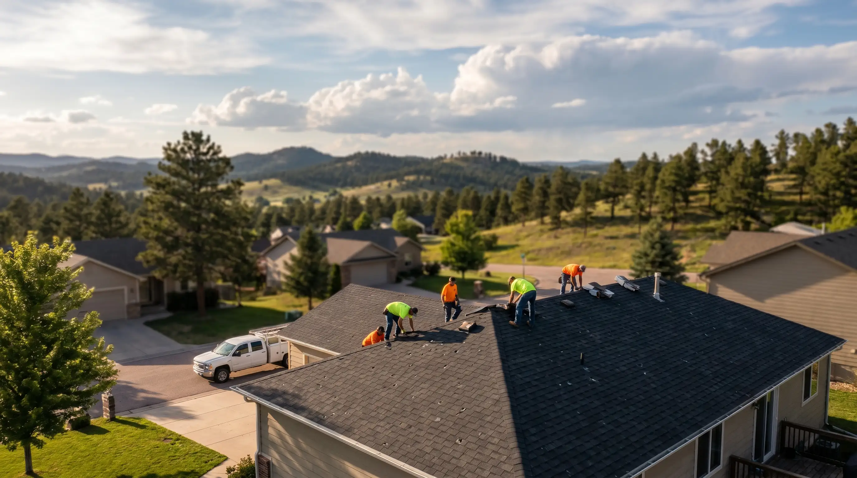 Professional roofing crew inspecting hail damage on a residential roof in Rapid City, SD