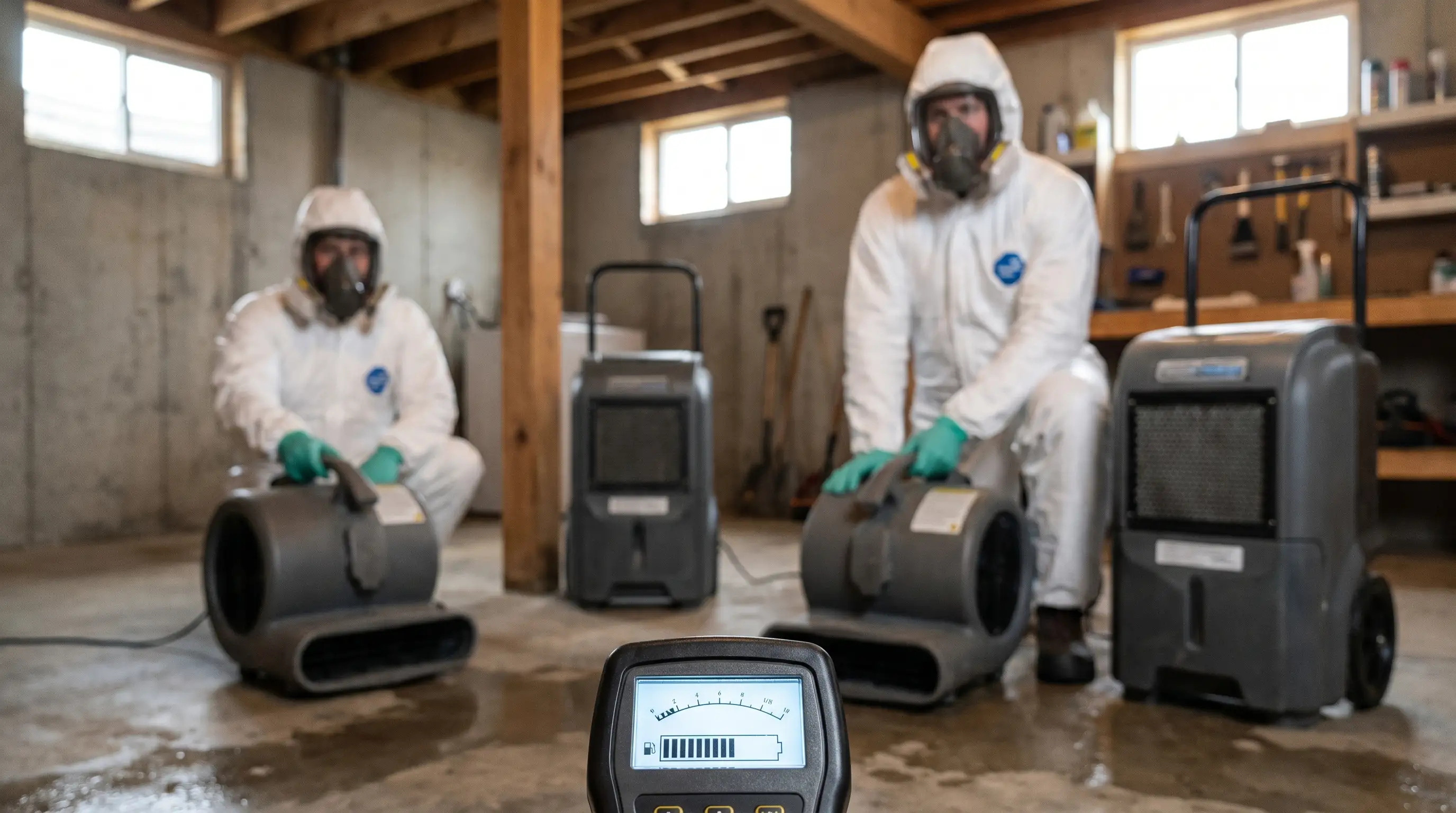 Water damage restoration technicians operating industrial drying equipment in a flooded Rapid City, SD home
