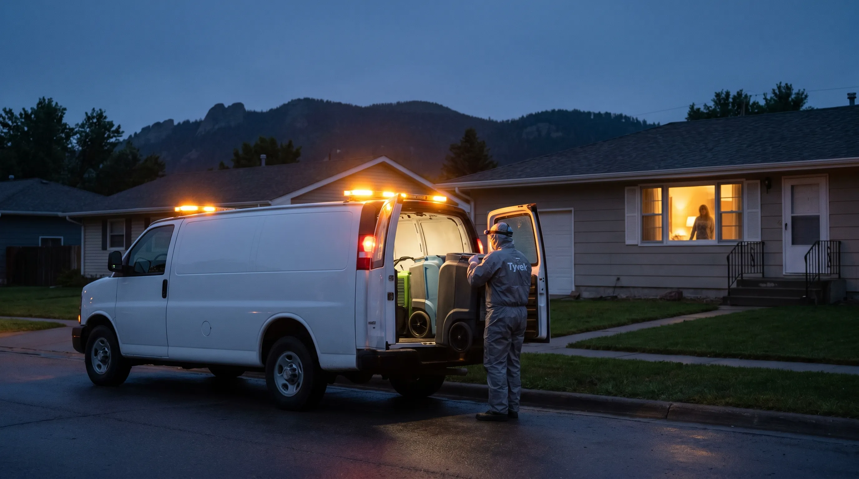 Water damage restoration technicians operating industrial drying equipment in a flooded Rapid City, SD home