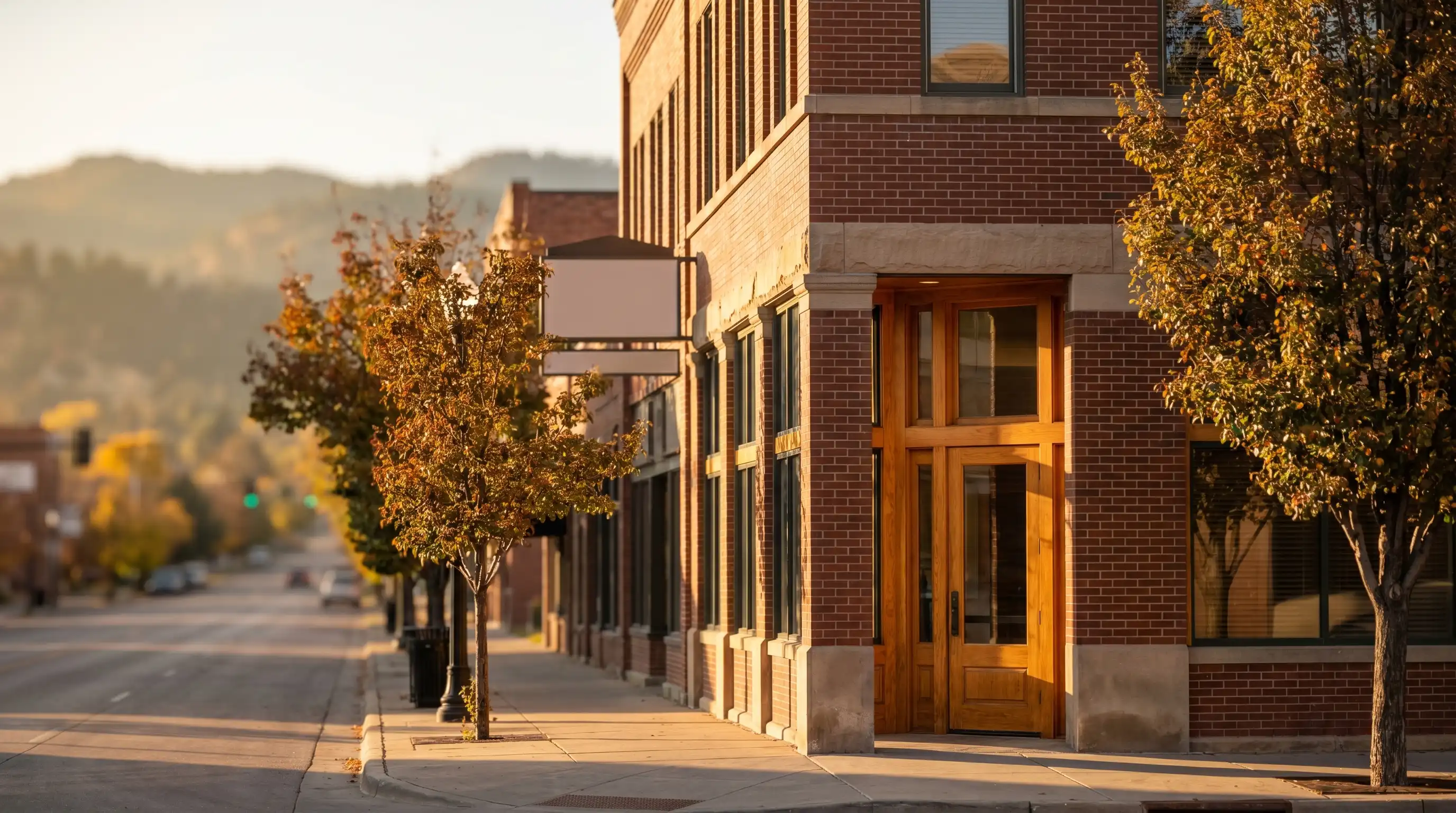 Professional law office exterior in downtown Rapid City, SD, with Black Hills skyline visible in background and warm late-afternoon light on brick architecture