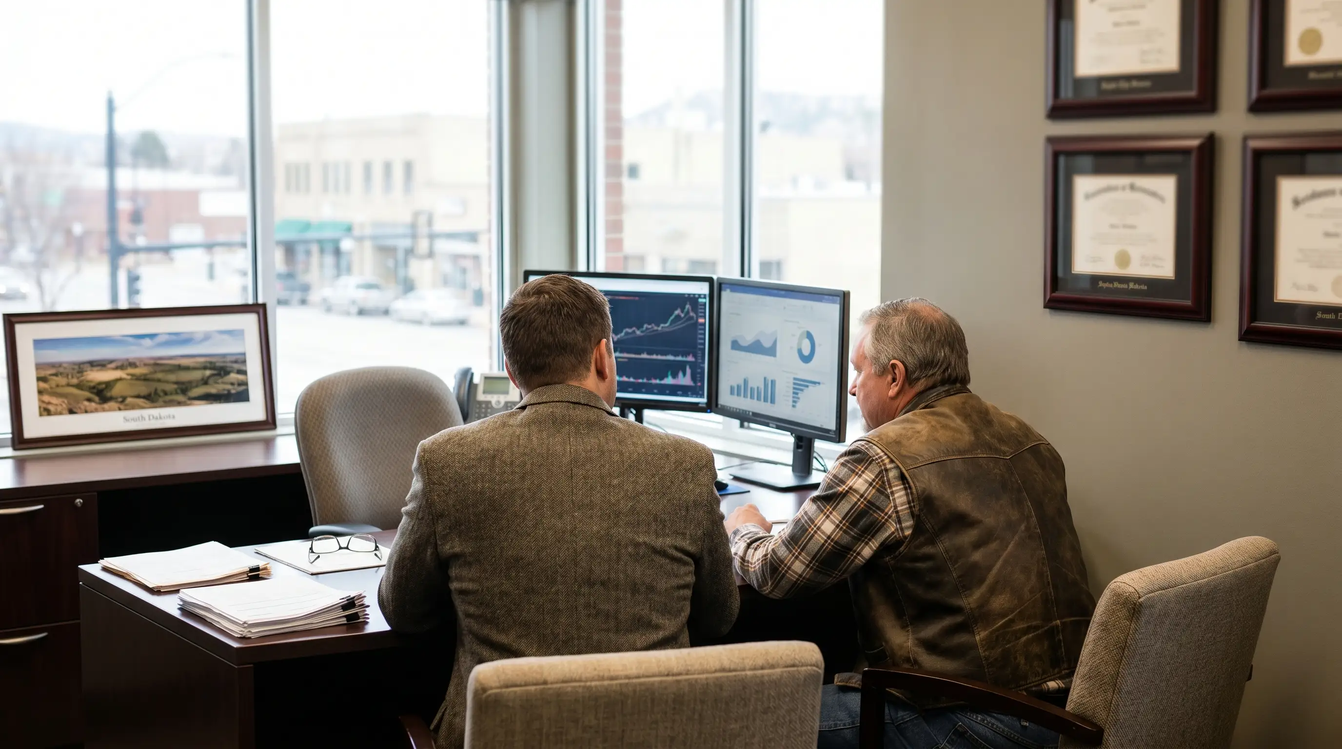 Professional CPA office interior in Rapid City, SD, showing accountant reviewing agricultural tax documents with a rancher client in a warm, well-organized office setting