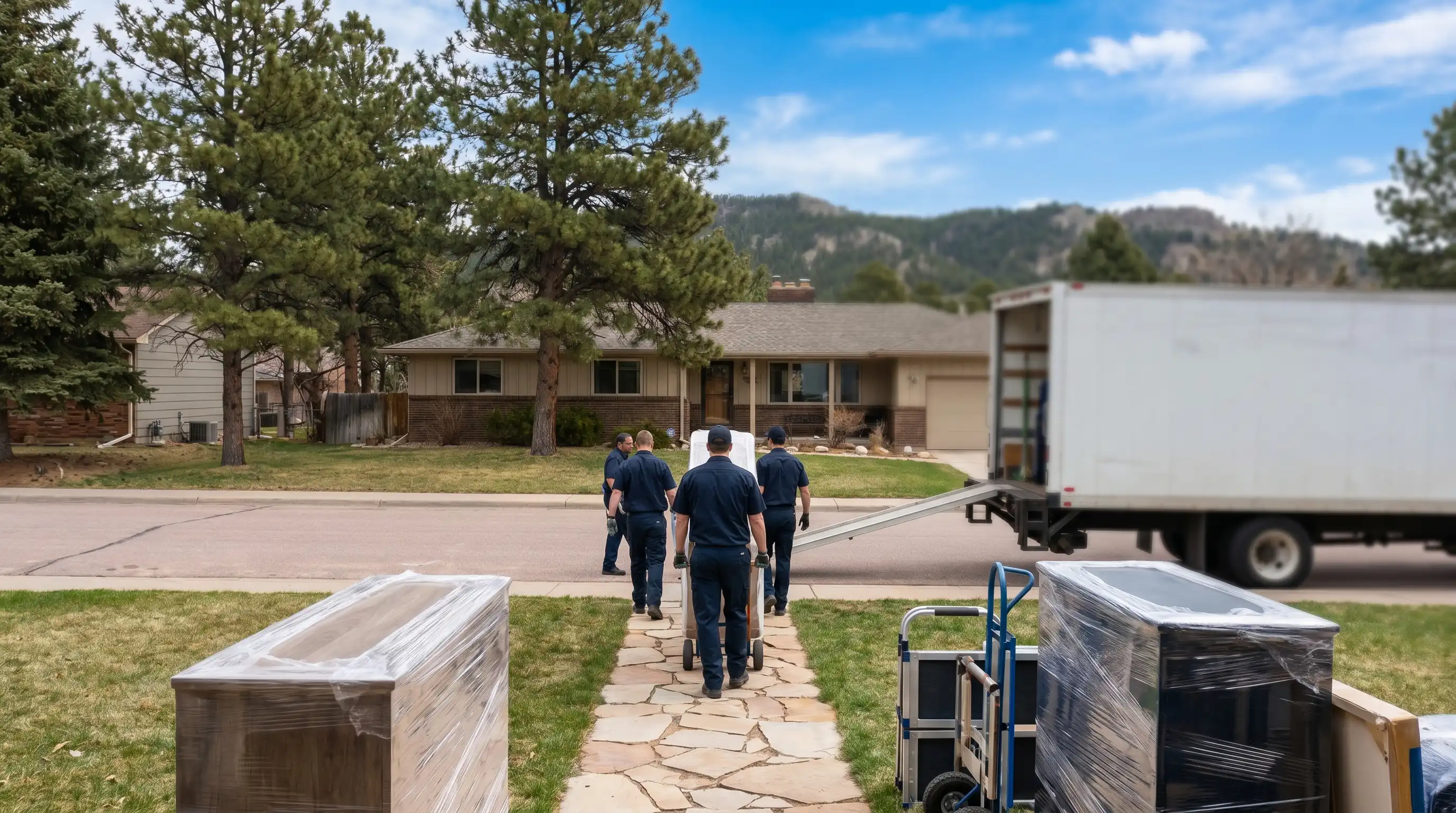Professional moving crew carrying wrapped furniture from a branded moving truck parked in front of a ranch-style home in Rapid City, SD, with Black Hills ridgeline visible against vivid blue South Dakota sky