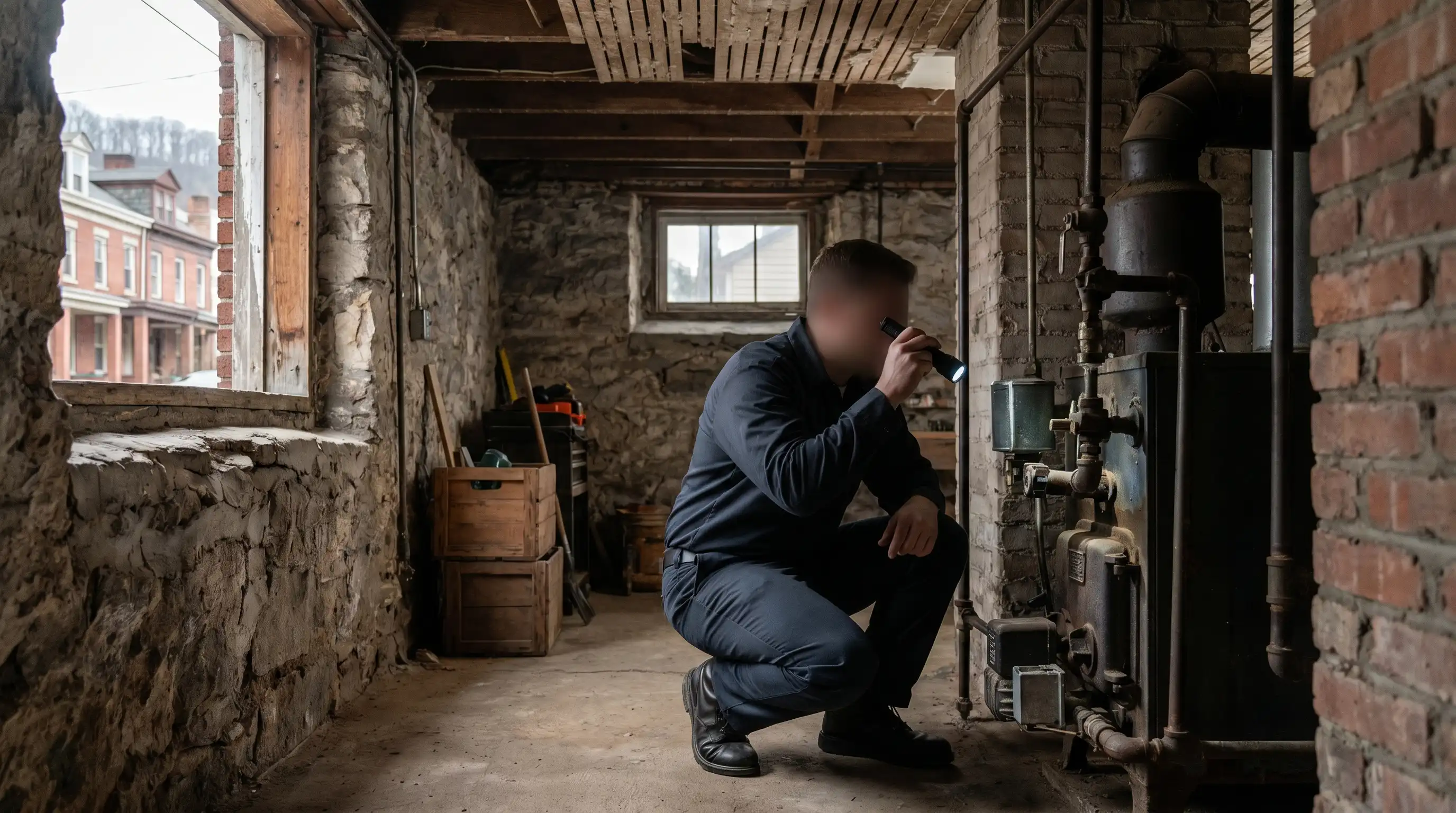 HVAC technician servicing a heating unit beside a red brick rowhouse in Scranton, PA