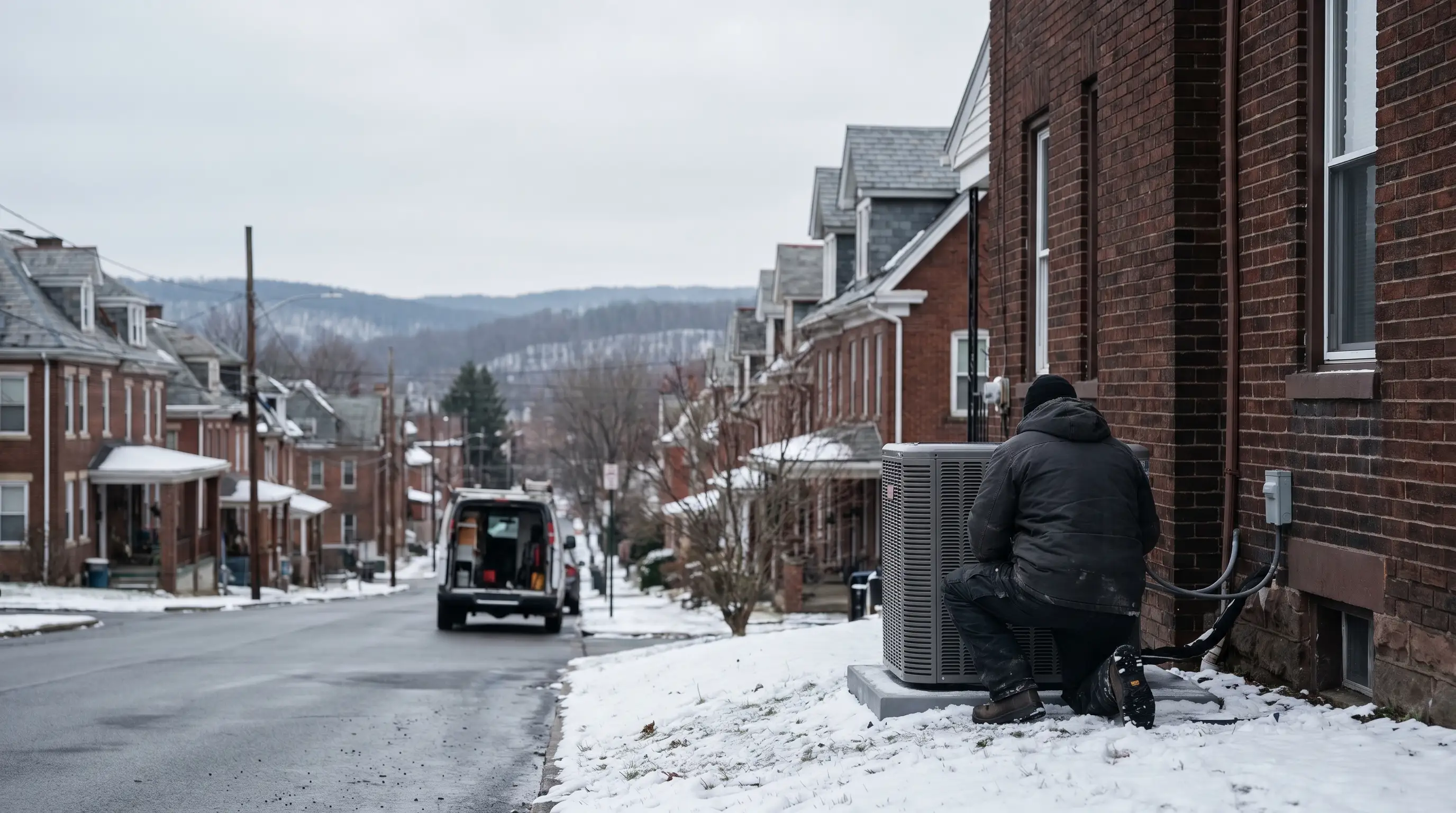 HVAC technician servicing a heating unit beside a red brick rowhouse in Scranton, PA