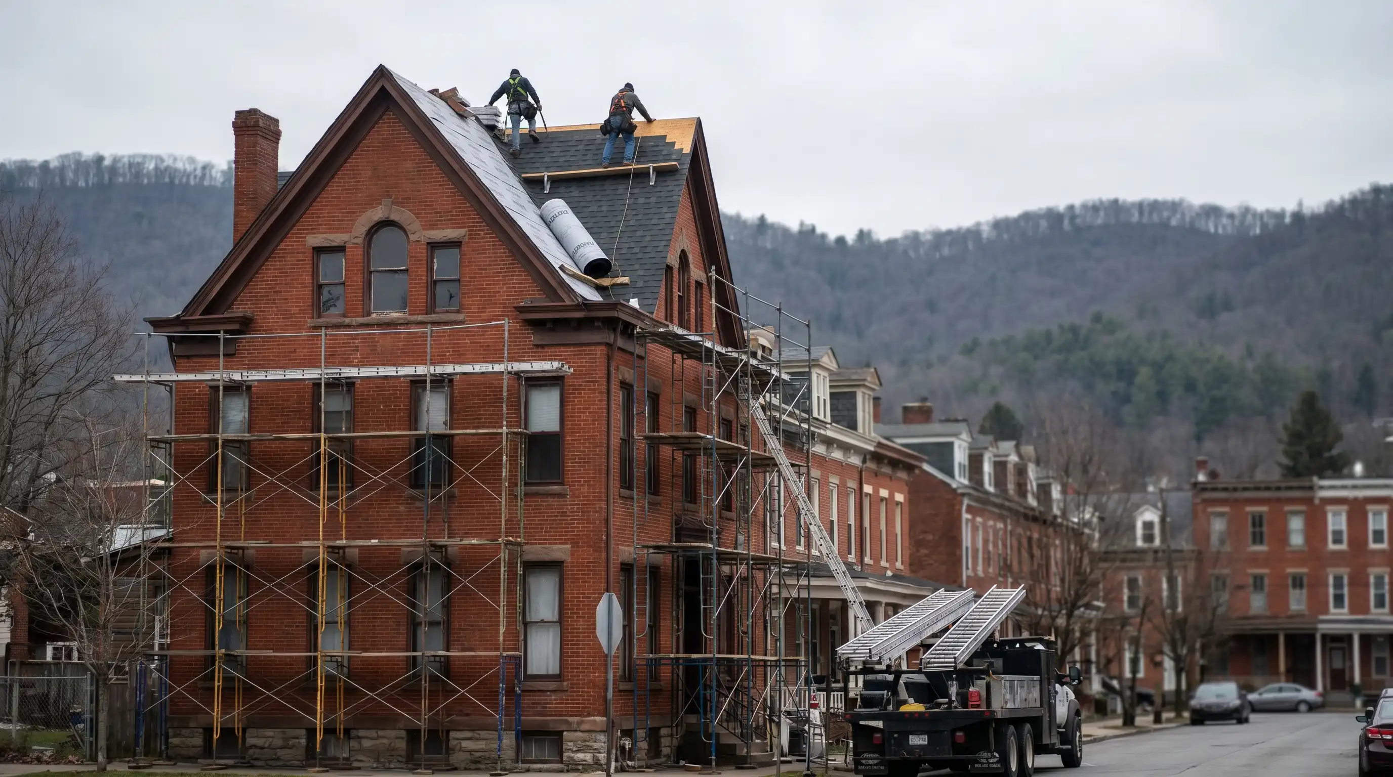 Roofing crew replacing a steep-pitched roof on a Victorian-era brick home in a Scranton, PA rowhouse neighborhood