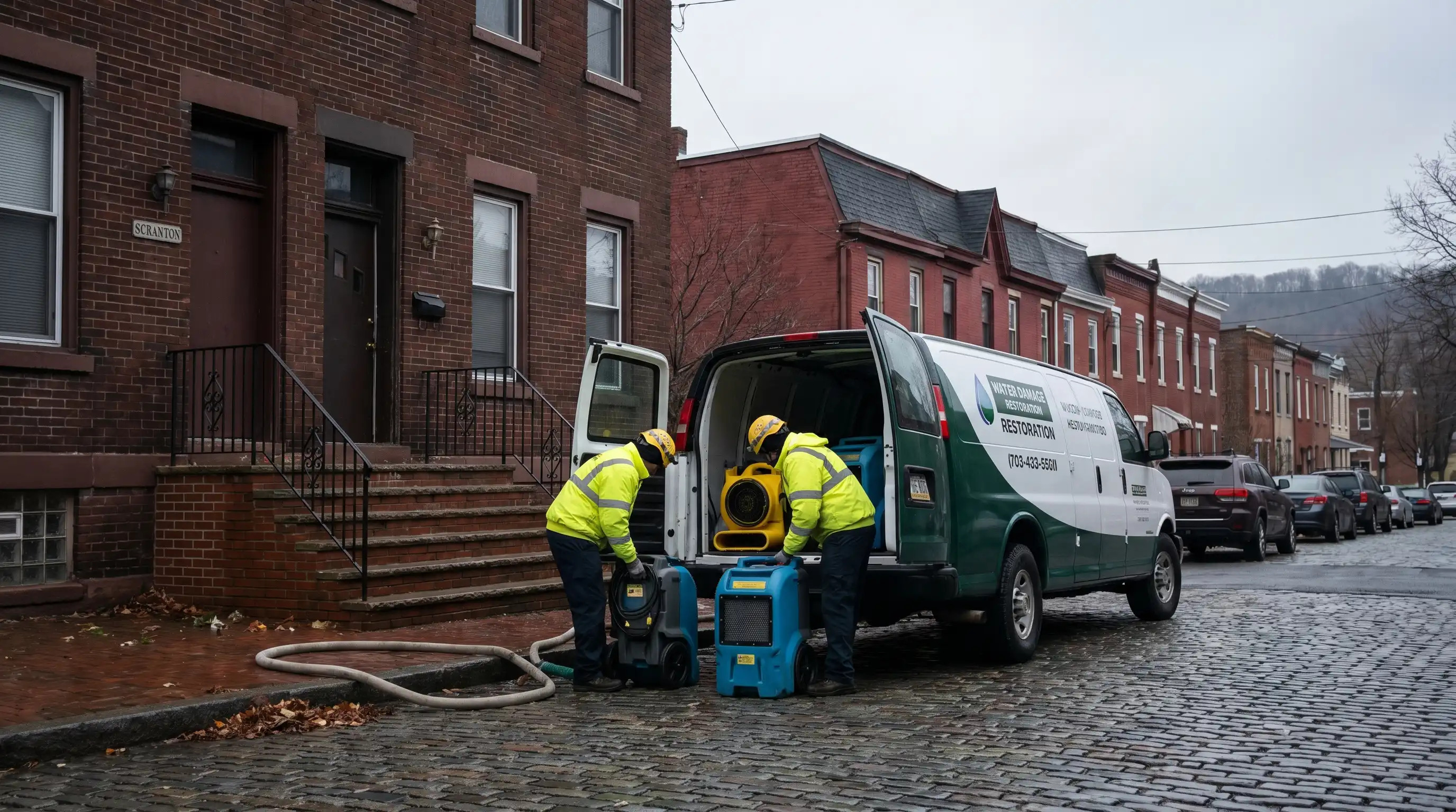 Water damage restoration technician in Tyvek PPE using moisture meter in a Scranton, PA stone-foundation basement with industrial dehumidifiers