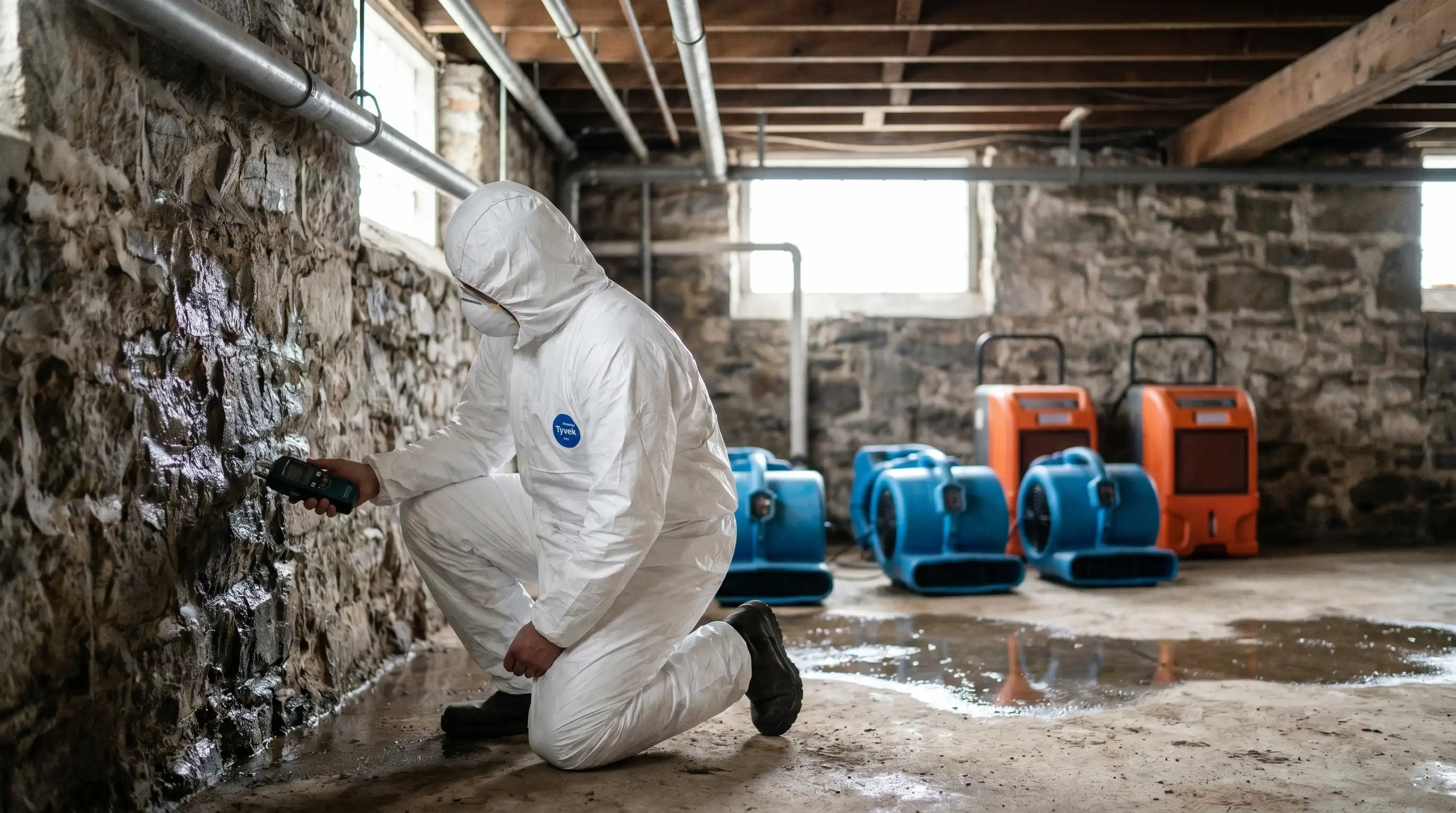 Water damage restoration technician in Tyvek PPE using moisture meter in a Scranton, PA stone-foundation basement with industrial dehumidifiers