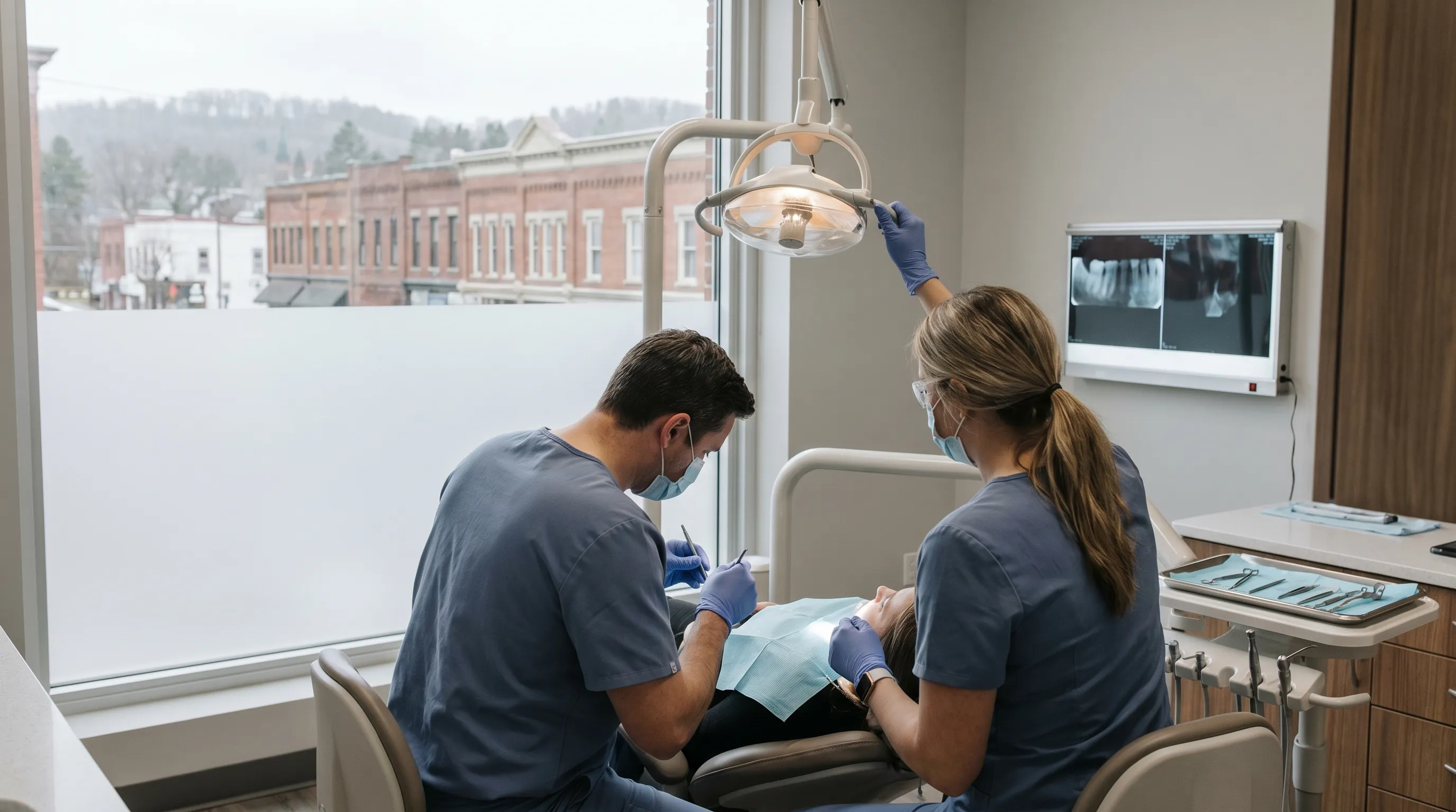 Dentist and assistant treating a patient in a modern dental operatory in Scranton, PA with clinical lighting and digital X-ray equipment