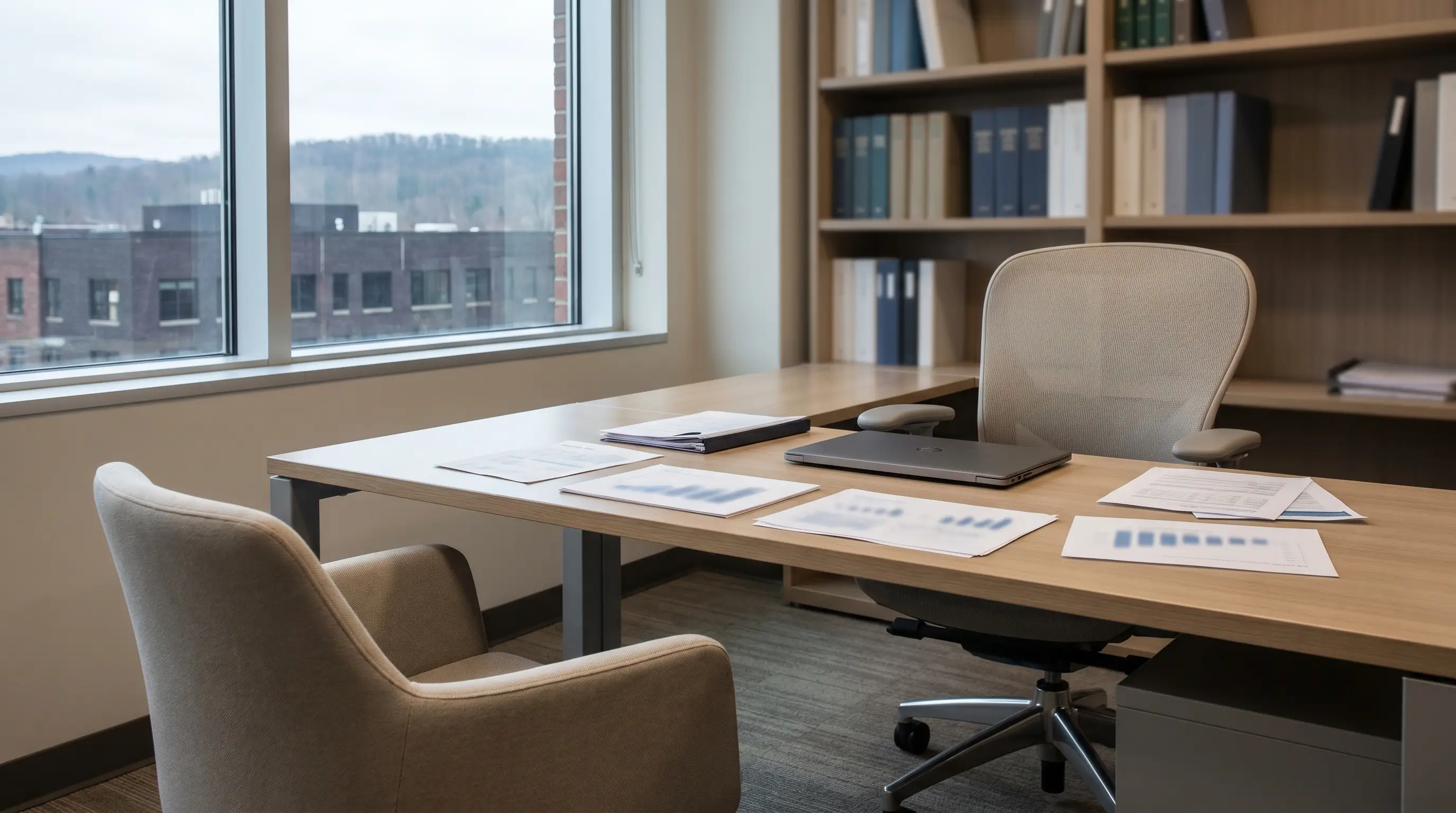 Tax professional reviewing financial documents with a small business client at a desk in a Scranton PA accounting office with natural window light