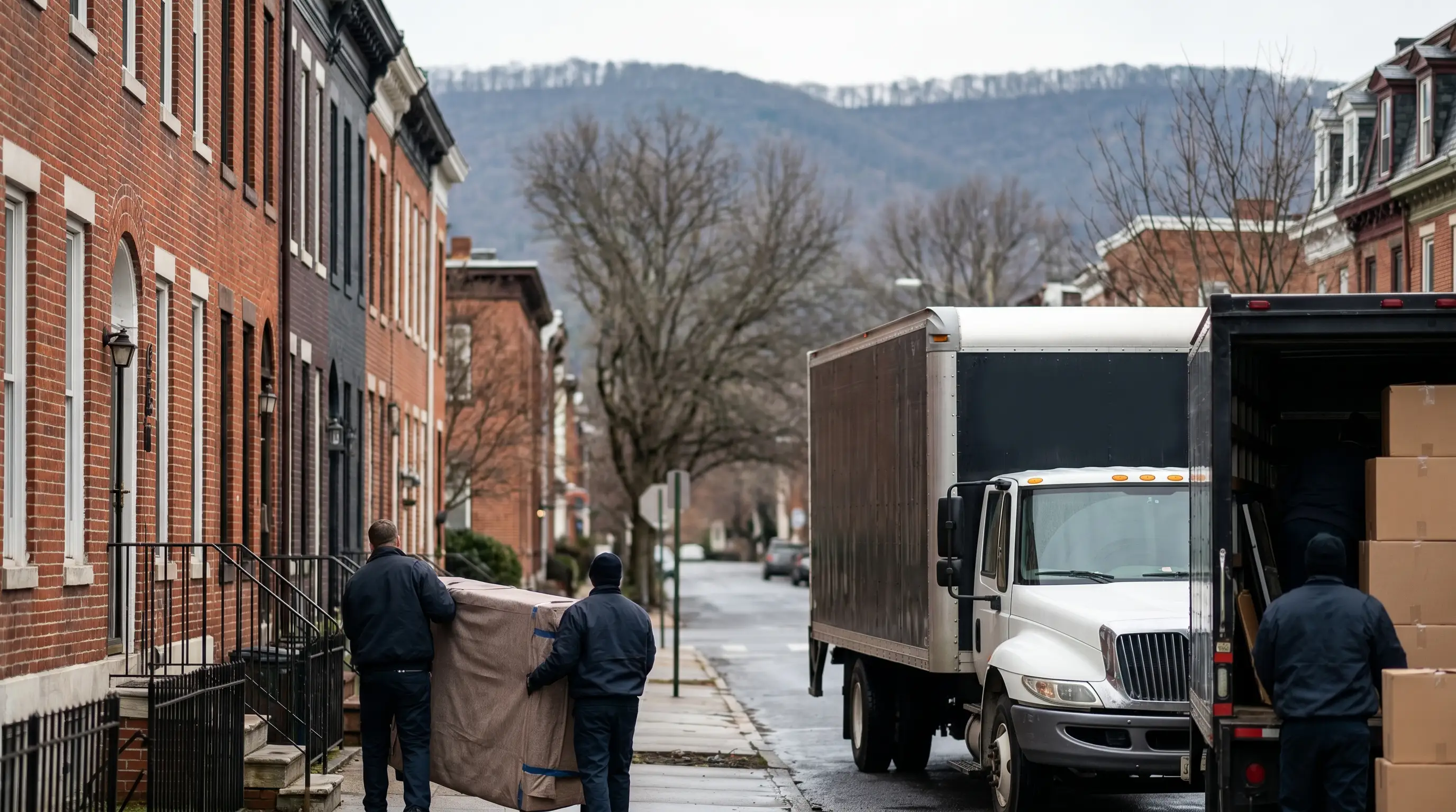 Moving crew in matching uniforms carrying wrapped furniture into a red brick Scranton rowhouse with iron railings and stoop on a summer morning