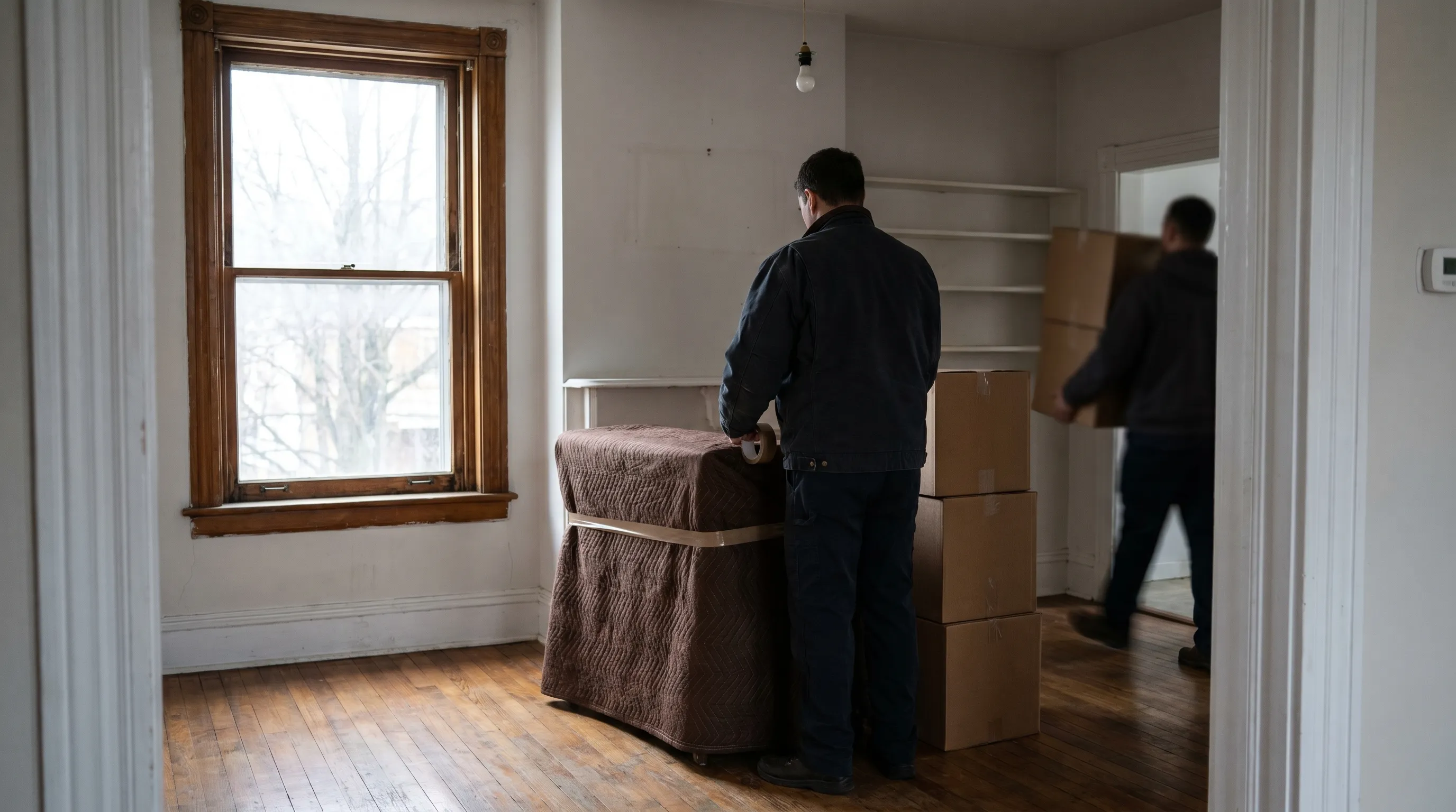 Moving crew in matching uniforms carrying wrapped furniture into a red brick Scranton rowhouse with iron railings and stoop on a summer morning