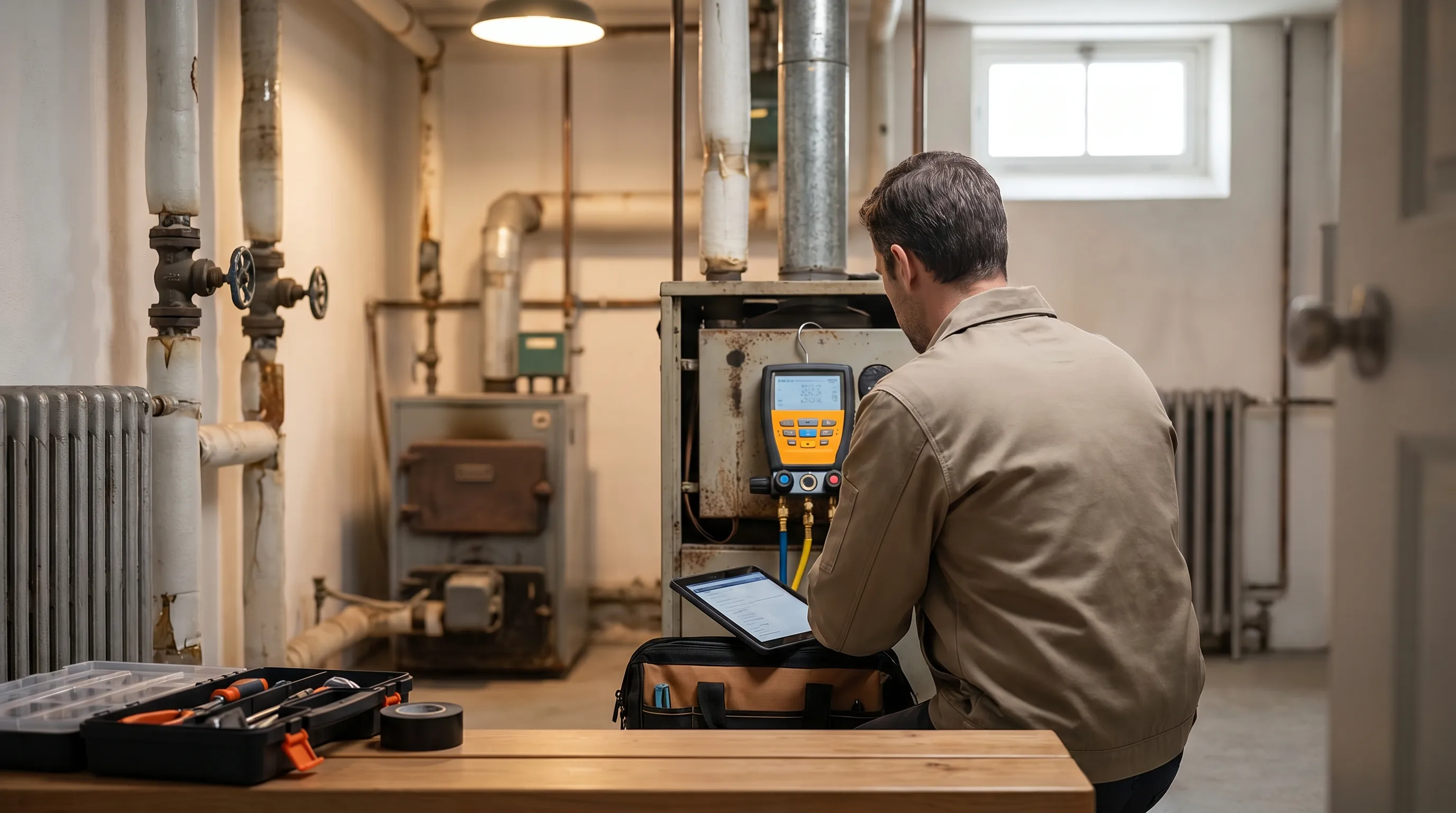 Professional HVAC technician servicing a furnace in a Bethlehem, PA home utility room