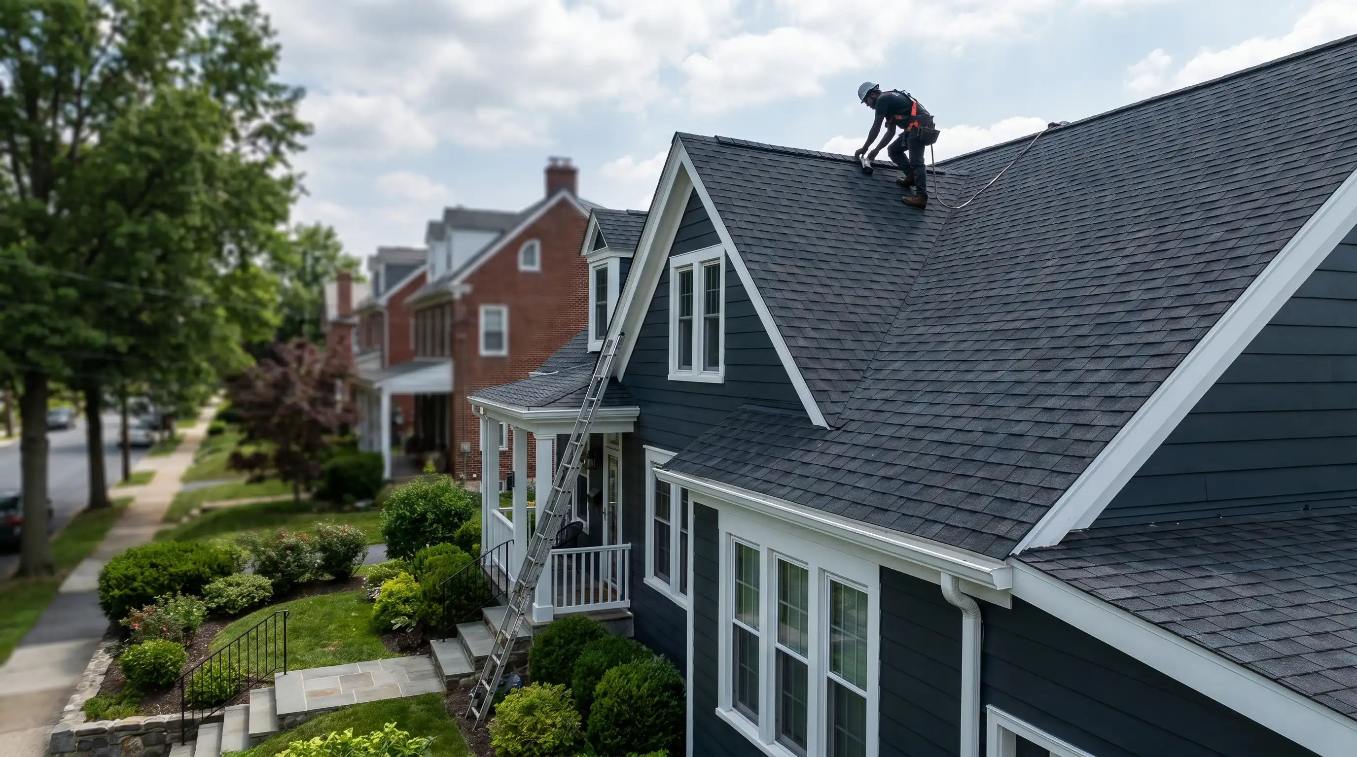 Roofing contractor installing architectural shingles on a Bethlehem, PA residential home