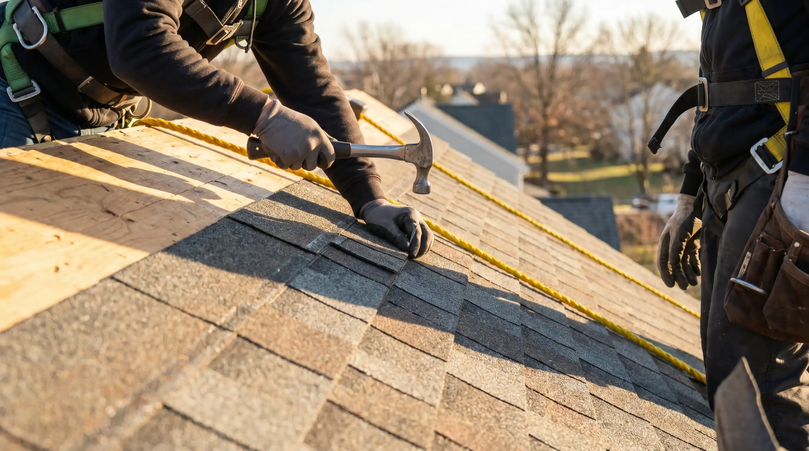 Roofing contractor installing architectural shingles on a Bethlehem, PA residential home