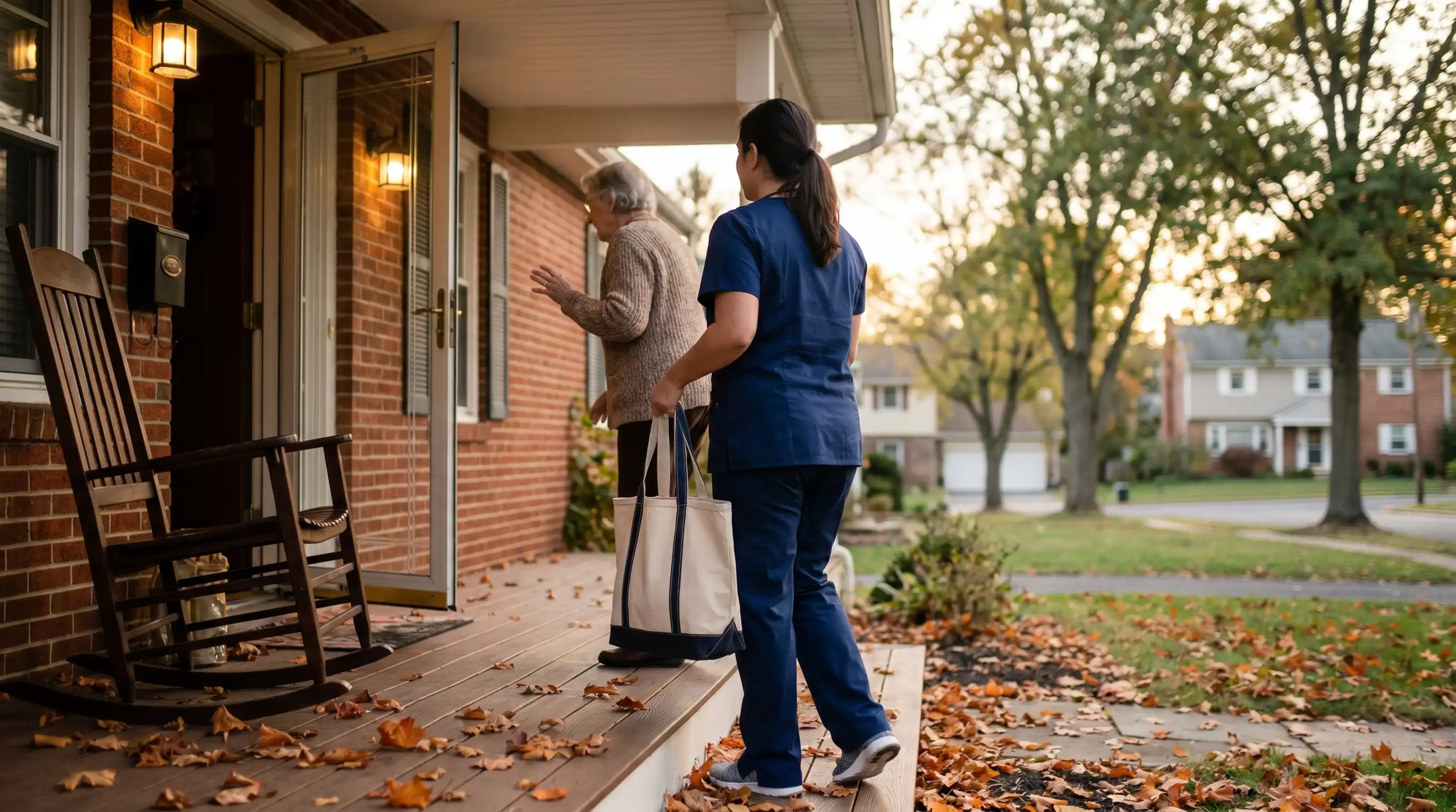 Caregiver arriving at a brick Bethlehem home welcomed by an elderly woman, warm afternoon light, senior services in Bethlehem PA