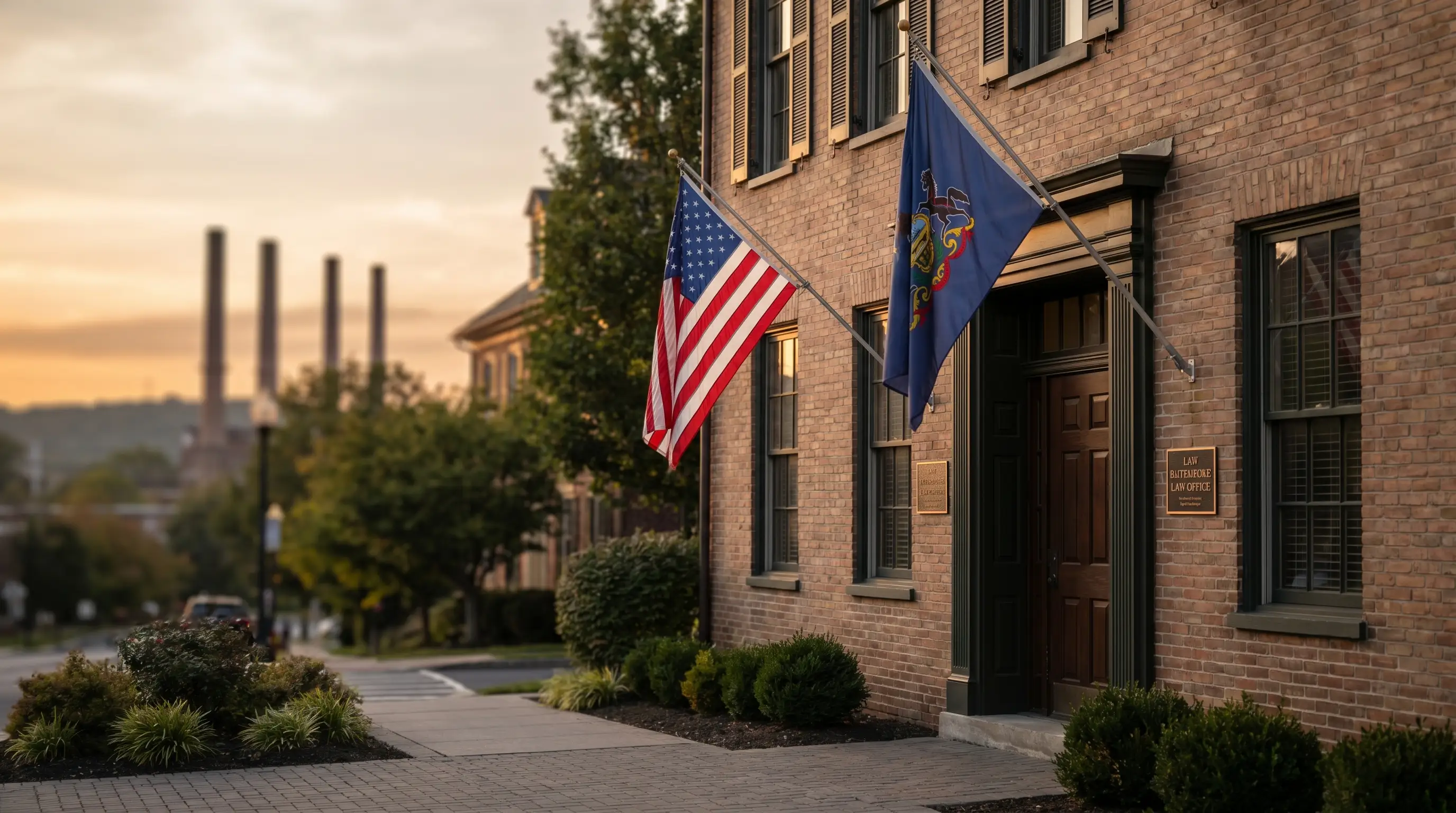 Professional Bethlehem law office exterior on Broad Street with SteelStacks smokestacks visible in background, personal injury law firm in Bethlehem PA