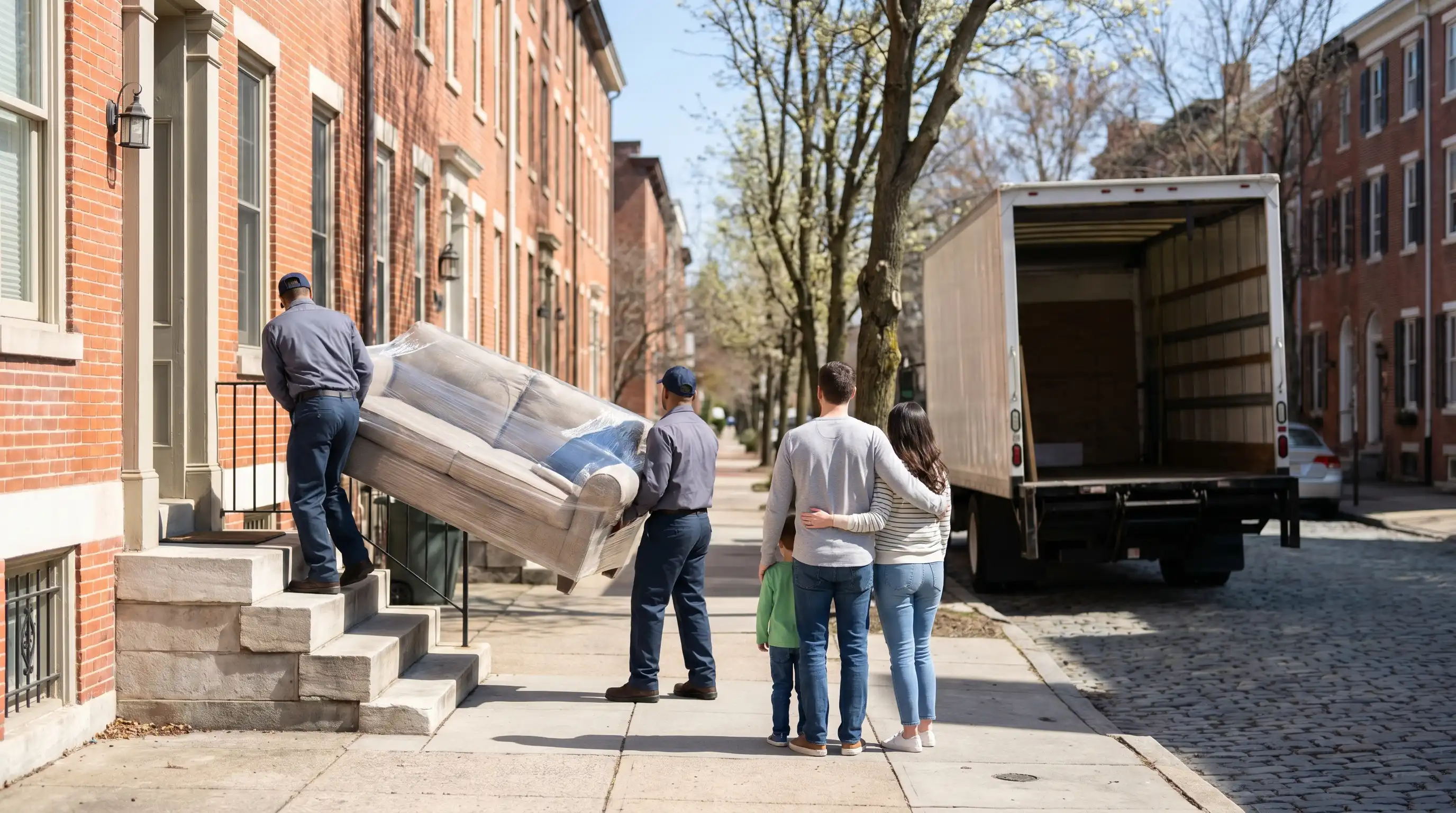Professional uniformed moving crew carrying furniture at a Bethlehem brick rowhouse on a tree-lined street, moving company in Bethlehem PA