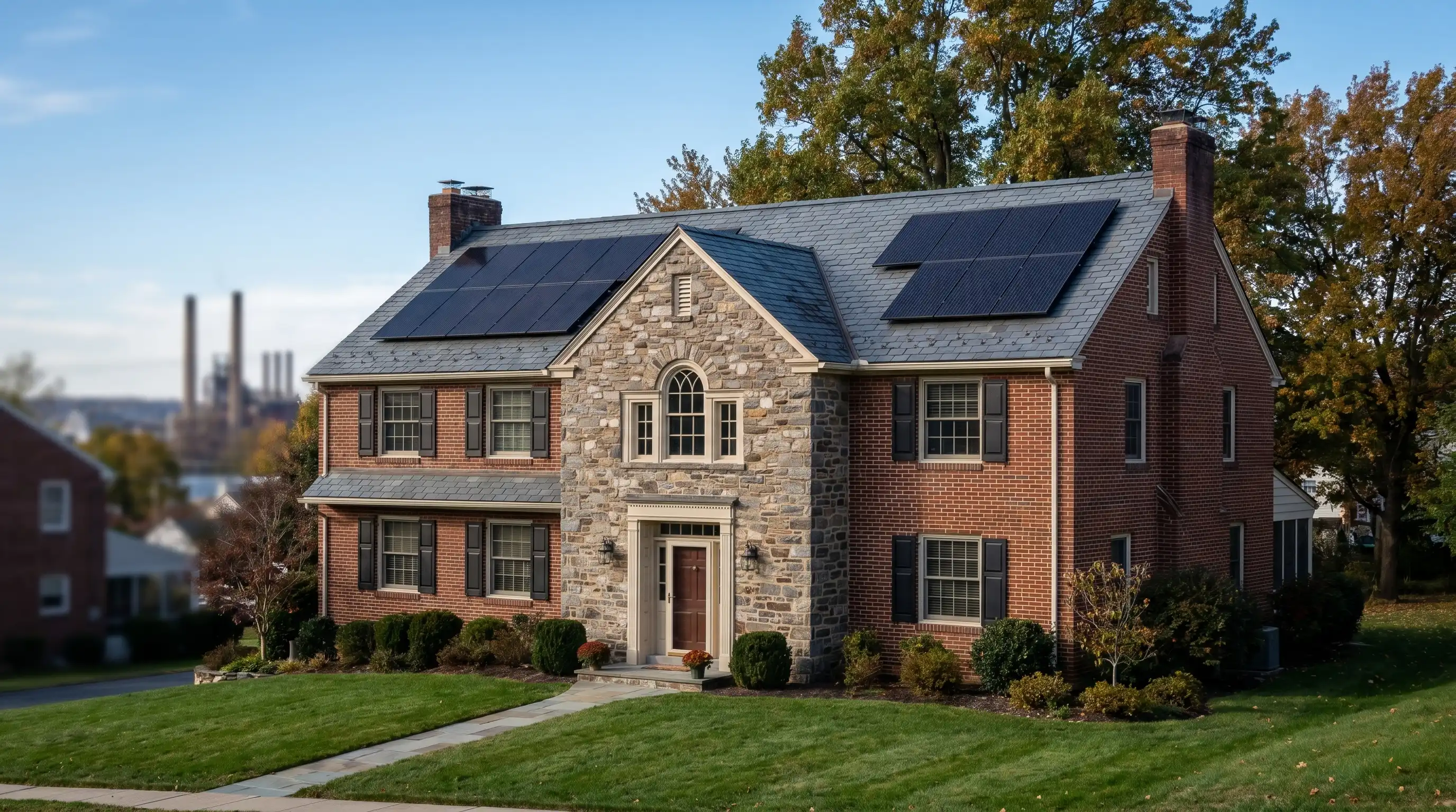 Bethlehem colonial home with dark solar panels installed on brick roof against blue sky, SteelStacks visible on the horizon, solar installation in Bethlehem PA