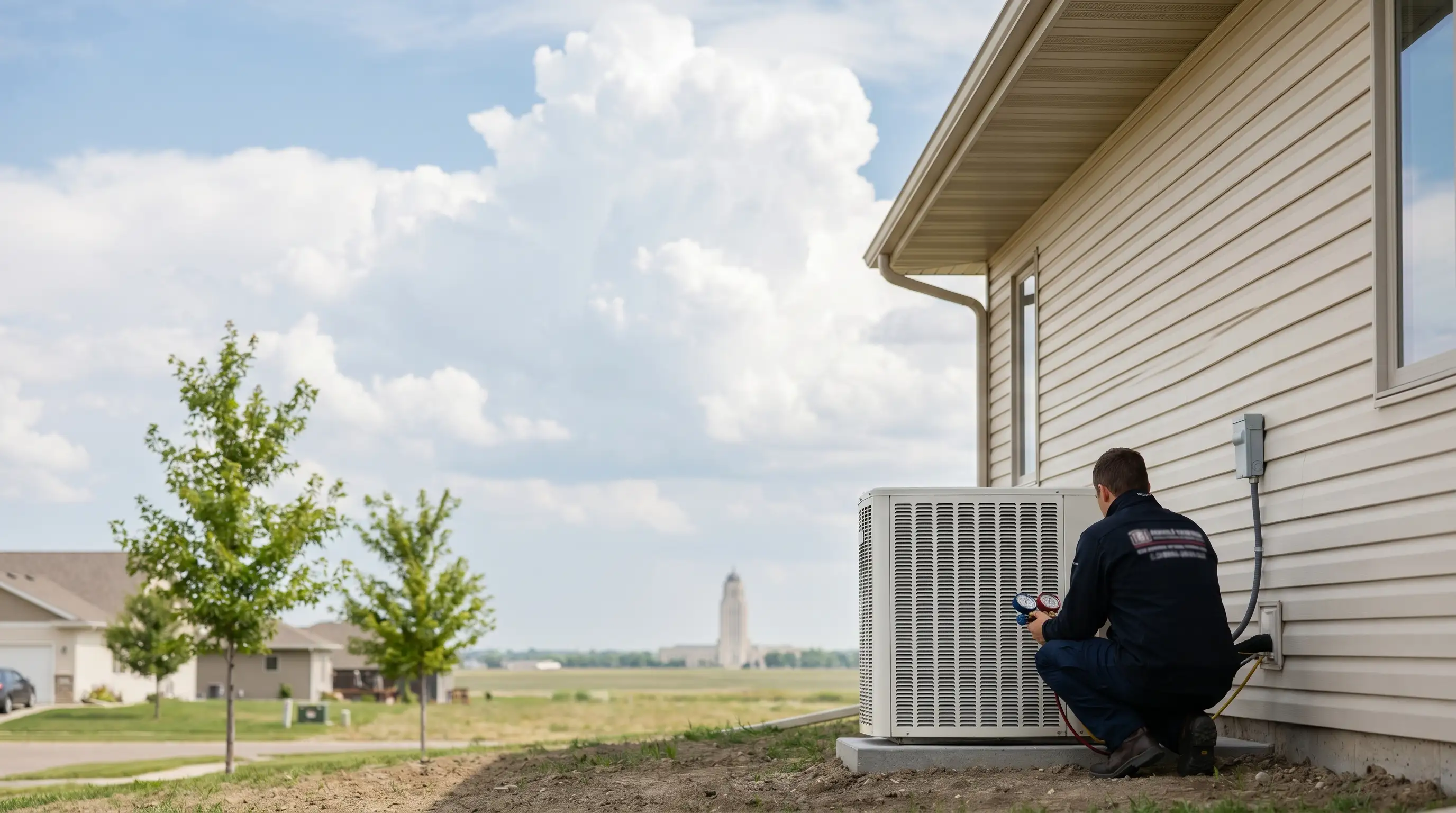 Professional HVAC technician servicing a furnace in a Bismarck, ND home during winter