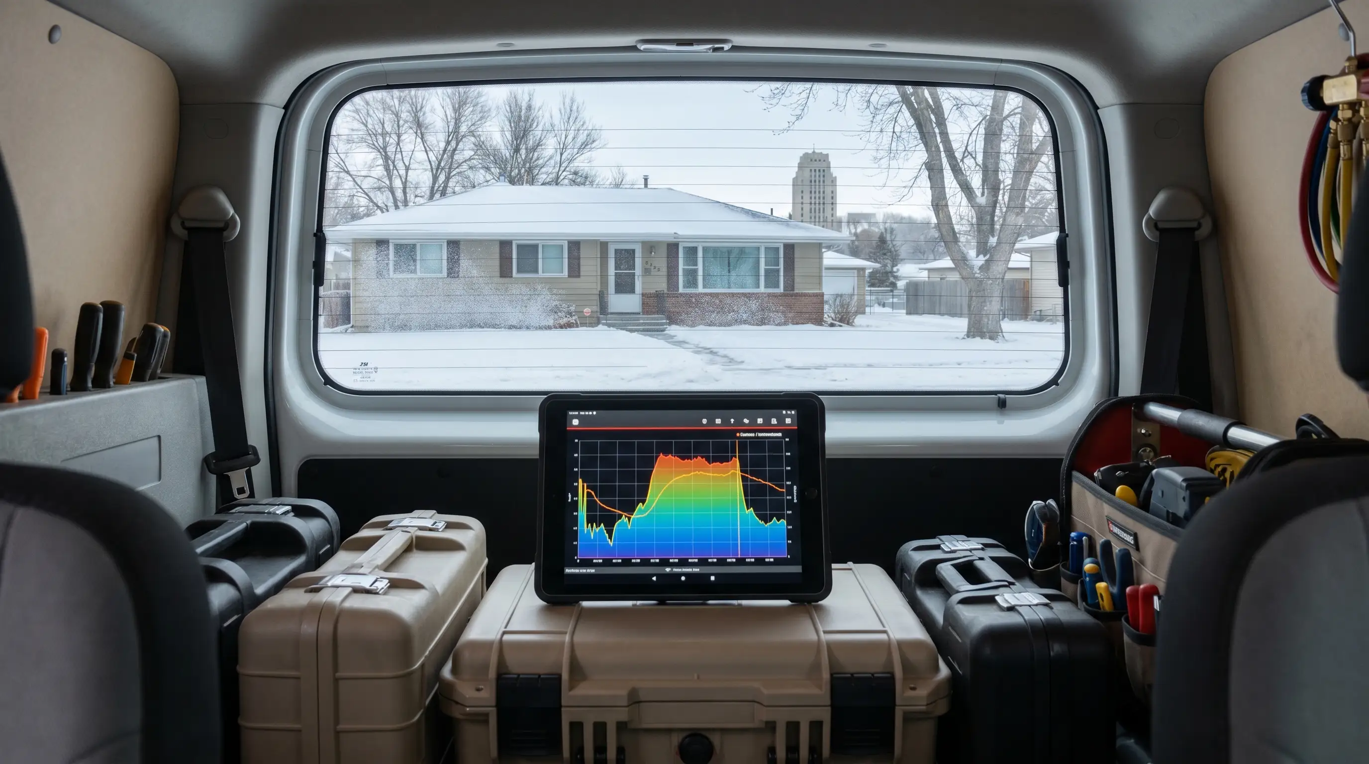 Professional HVAC technician servicing a furnace in a Bismarck, ND home during winter