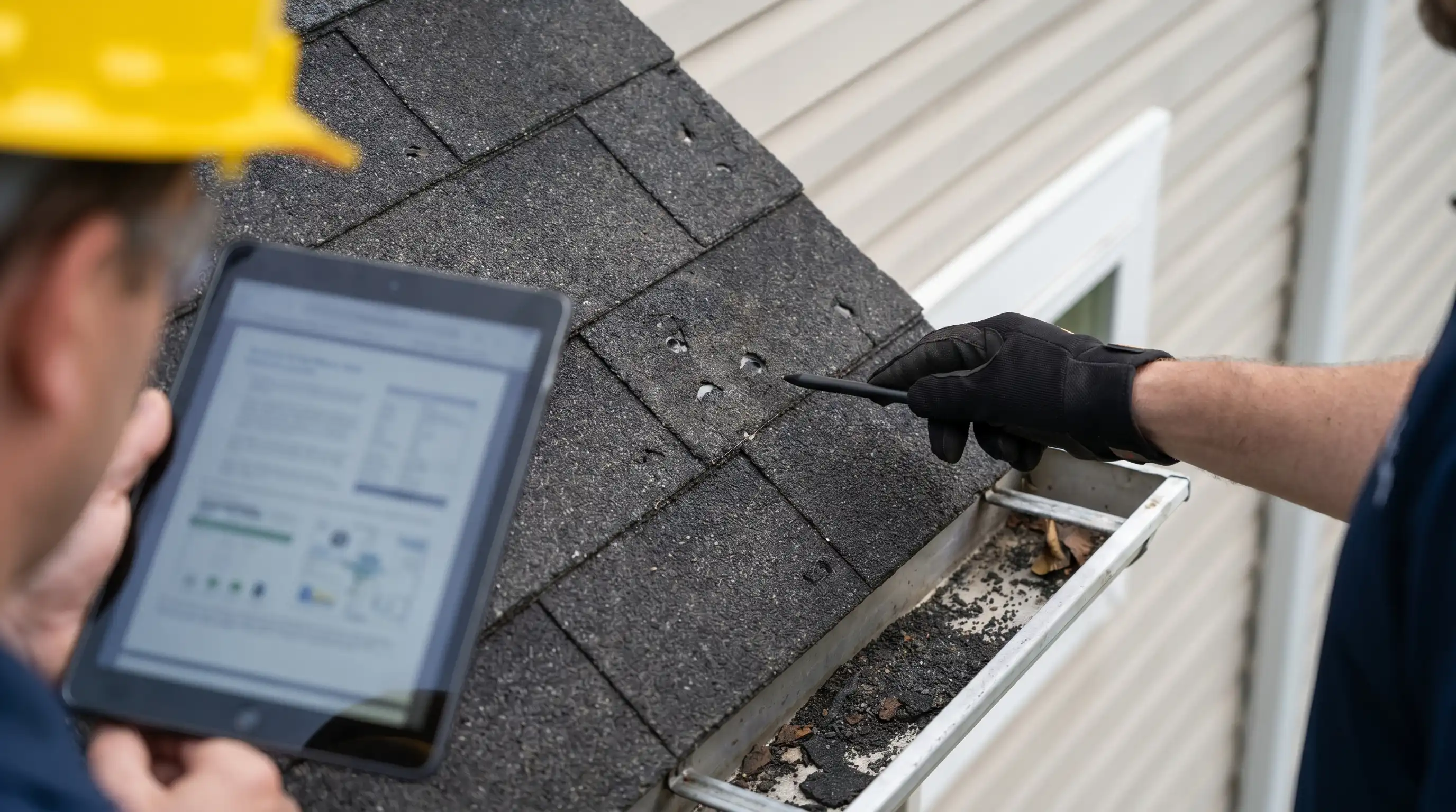 Professional roofing contractor inspecting hail damage on a Bismarck, ND residential roof