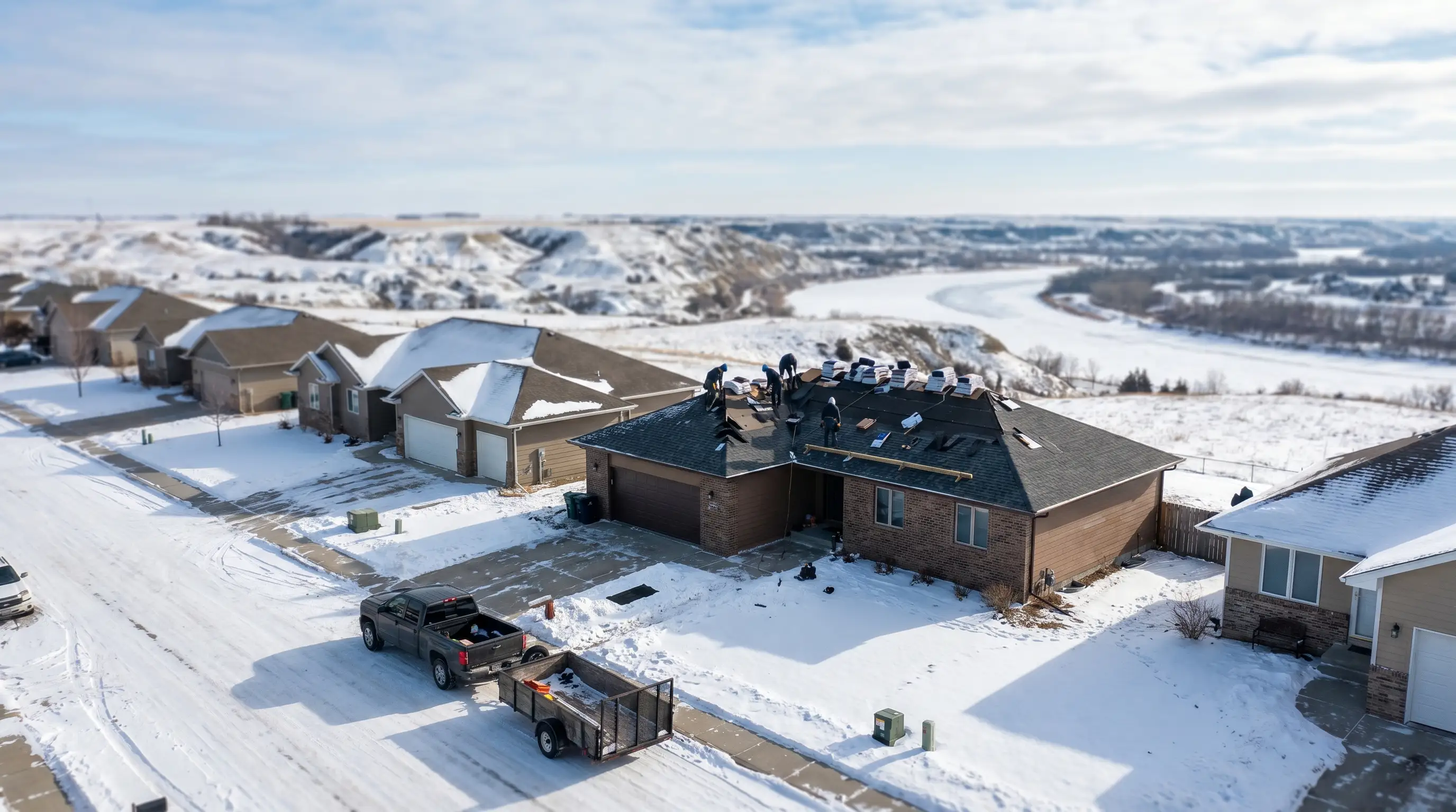 Professional roofing contractor inspecting hail damage on a Bismarck, ND residential roof