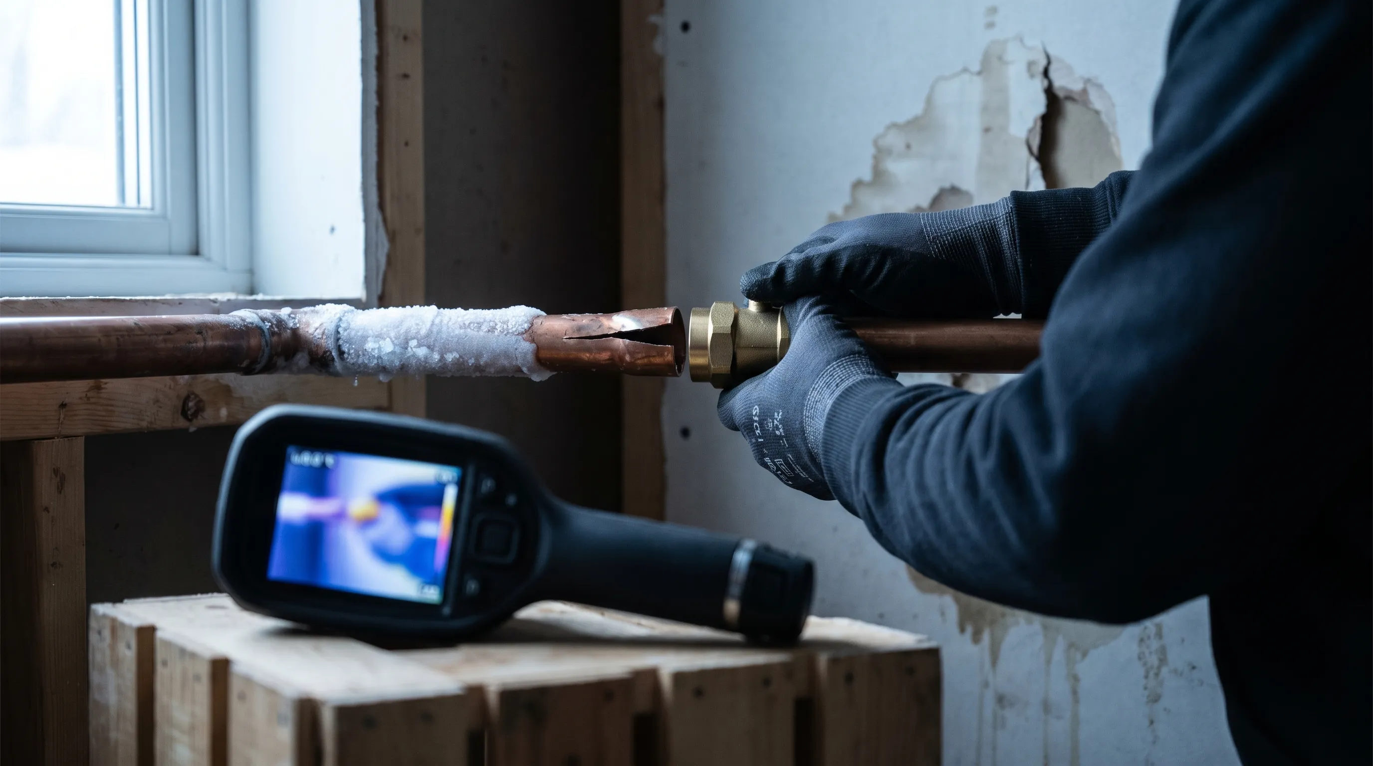 Licensed plumber repairing a burst frozen pipe in a Bismarck, ND home during winter