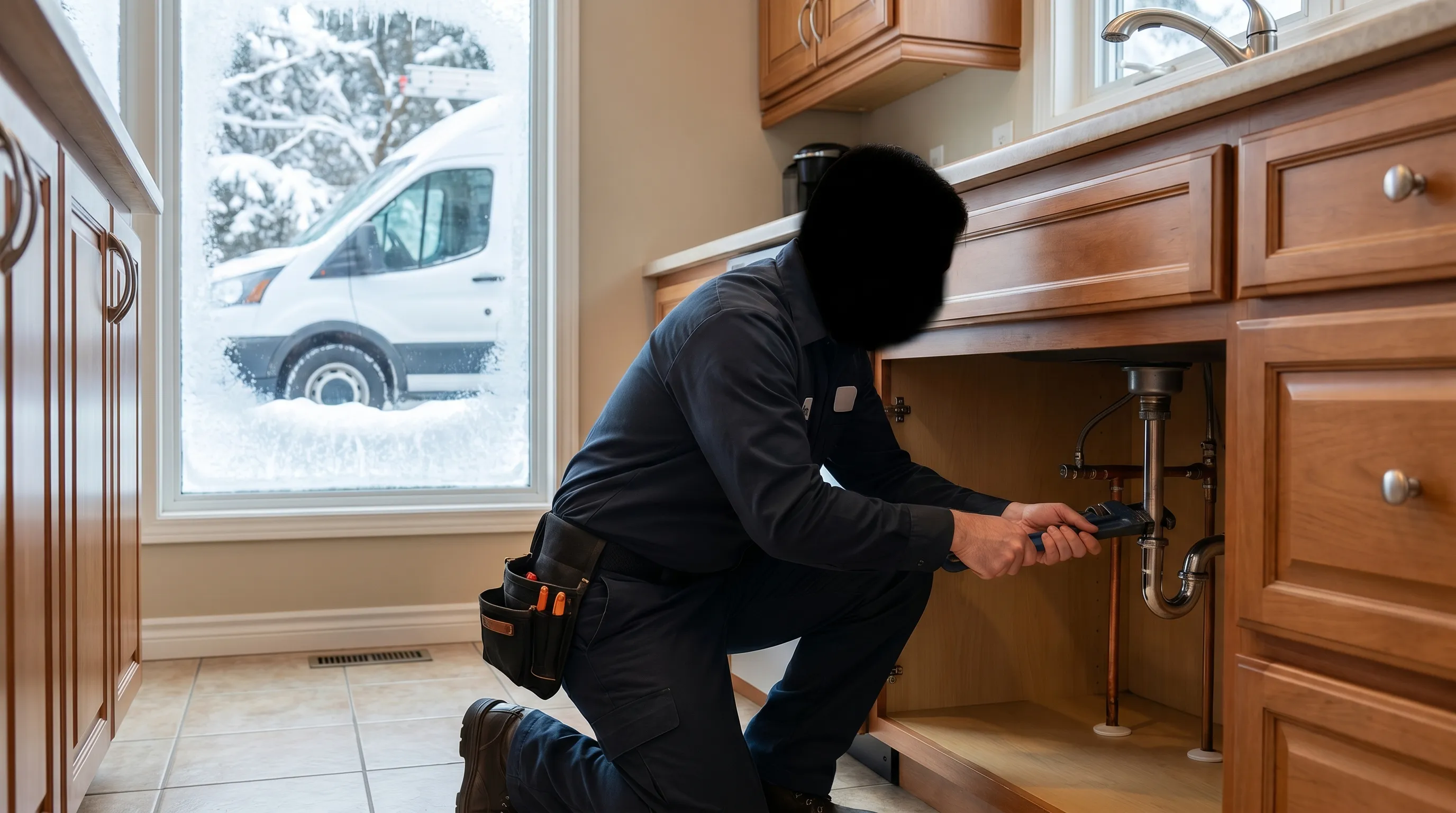 Licensed plumber repairing a burst frozen pipe in a Bismarck, ND home during winter