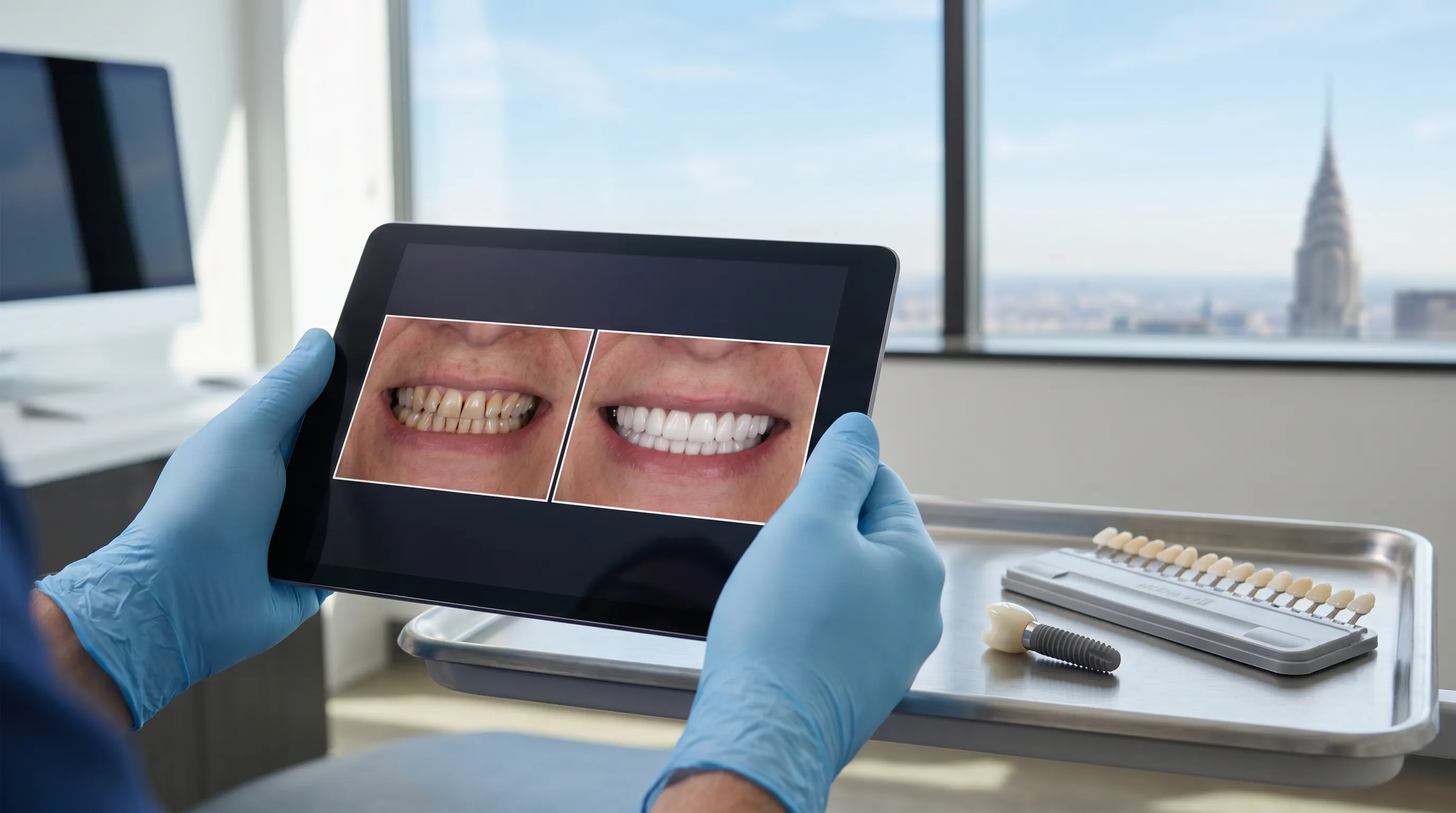 Professional dentist consulting with a patient in a modern Bismarck, ND dental practice