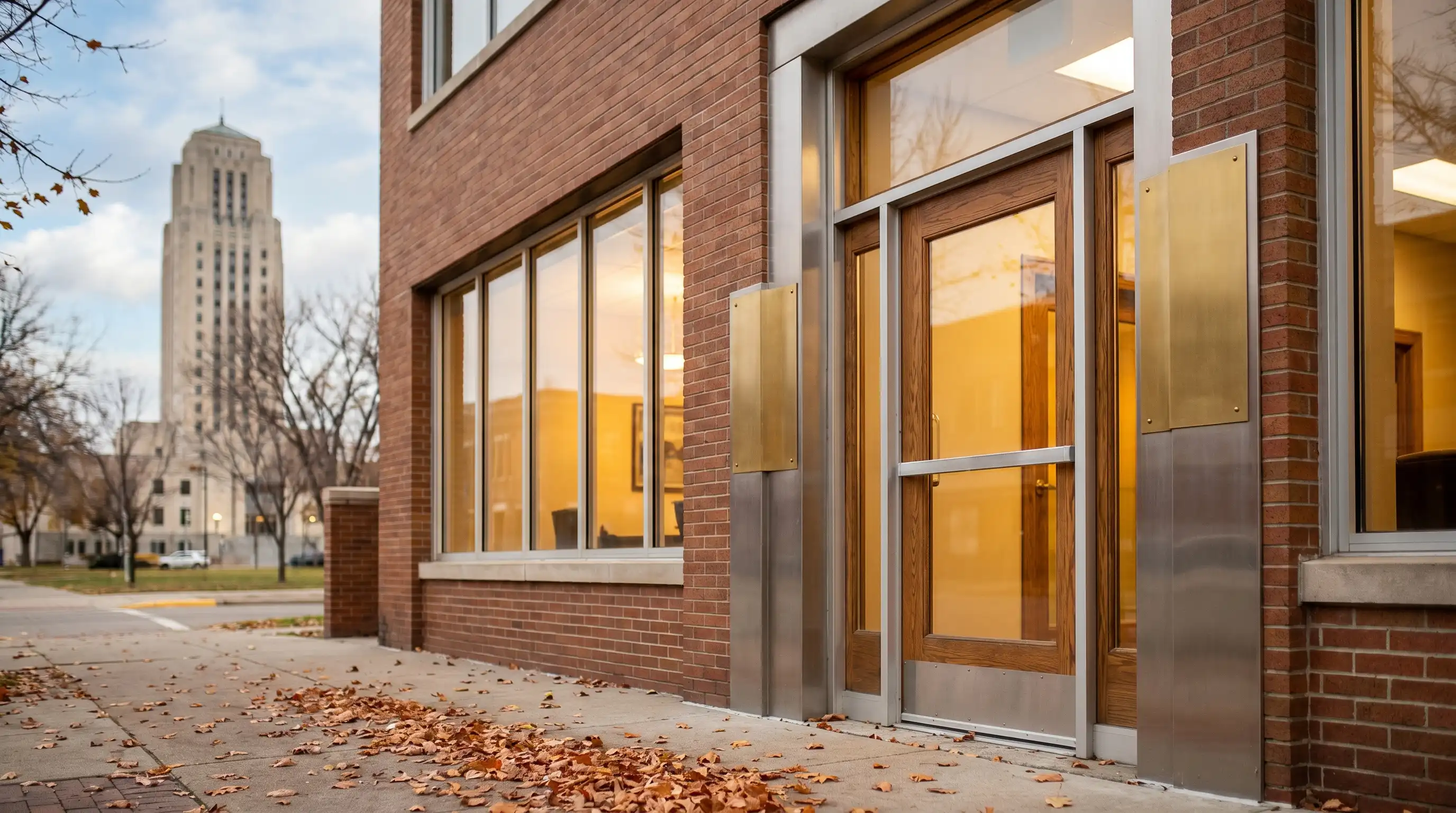 Professional attorney consultation in a Bismarck, ND law office with the North Dakota State Capitol visible through the window