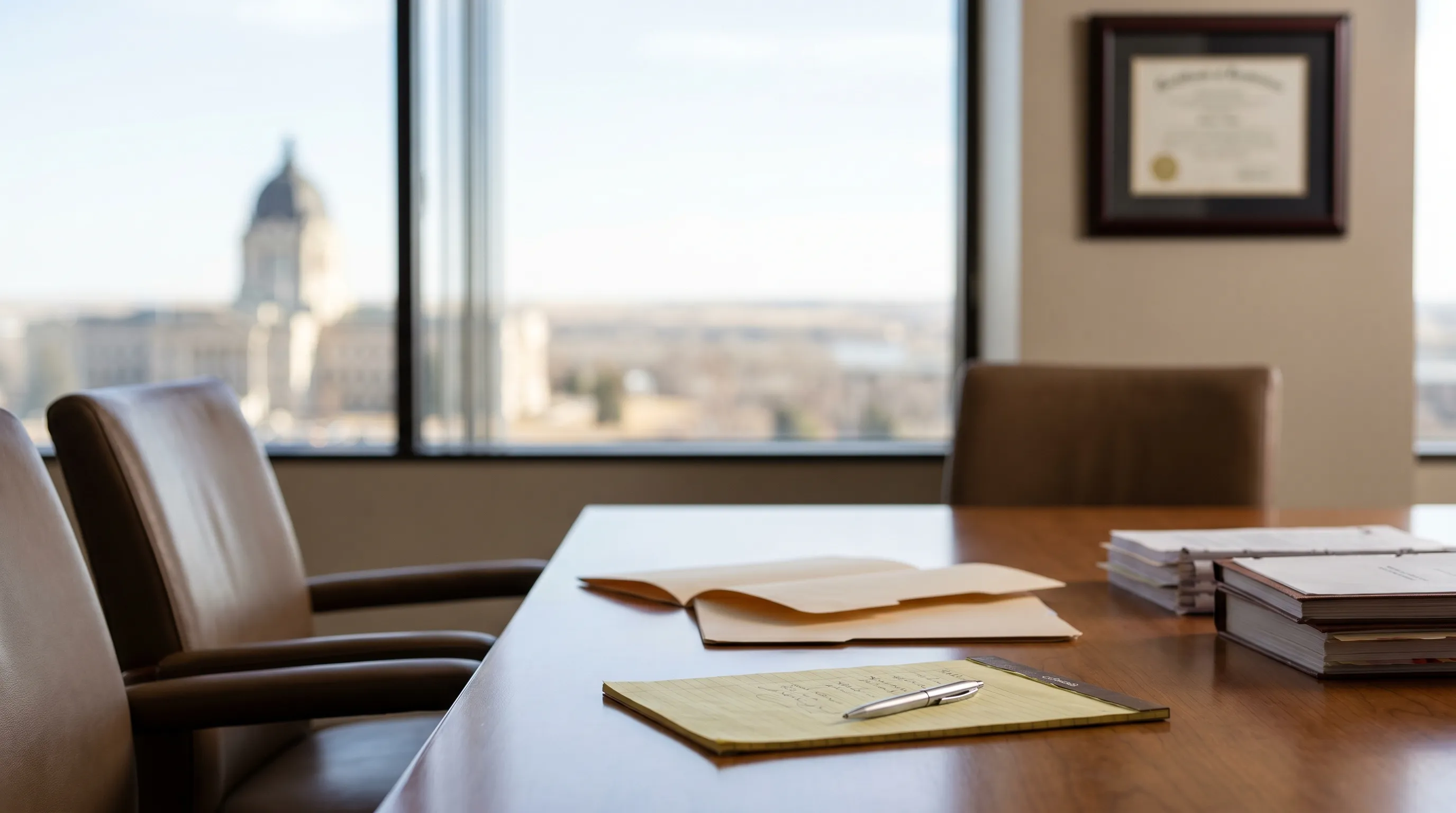 Professional attorney consultation in a Bismarck, ND law office with the North Dakota State Capitol visible through the window