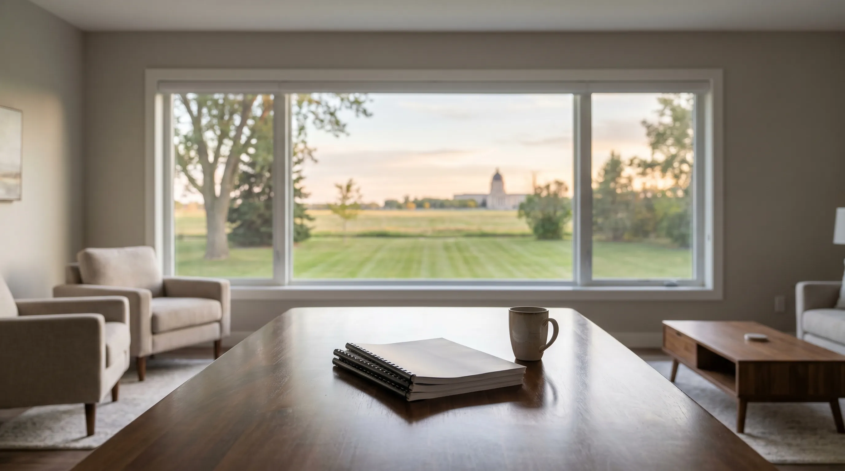 Real estate agent reviewing a home listing with a couple in a modern Bismarck, ND residential neighborhood with the Missouri River valley visible in the background