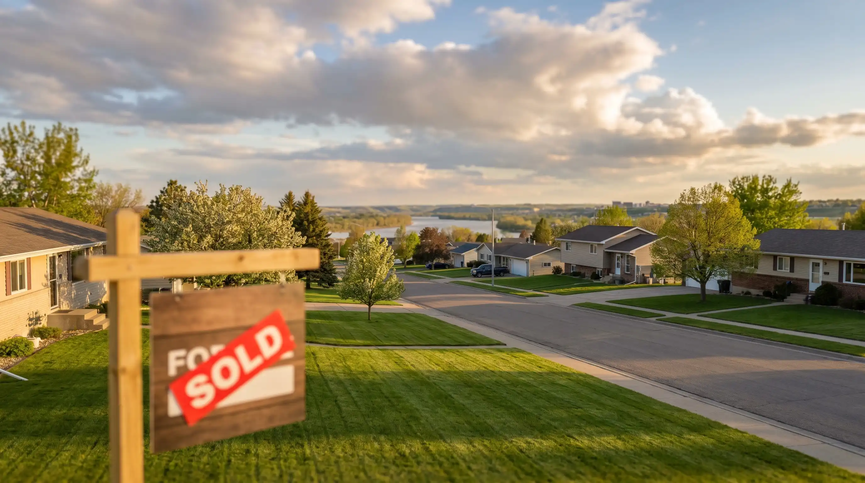 Real estate agent reviewing a home listing with a couple in a modern Bismarck, ND residential neighborhood with the Missouri River valley visible in the background