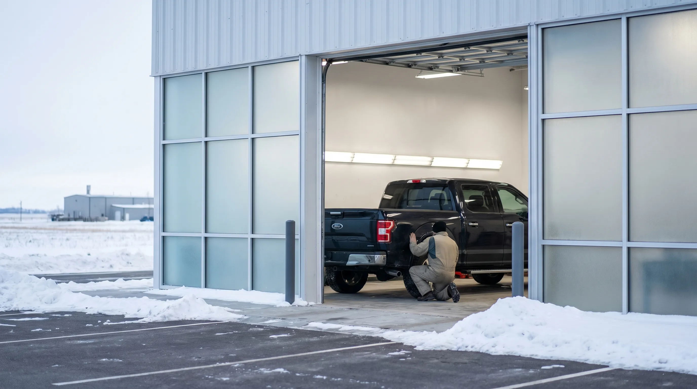 Professional auto body technician examining collision damage on a pickup truck in a Bismarck, ND repair shop during winter
