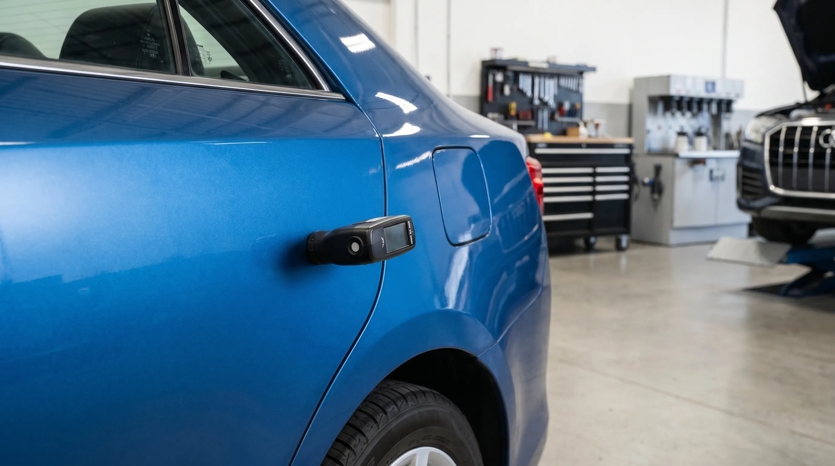 Professional auto body technician examining collision damage on a pickup truck in a Bismarck, ND repair shop during winter