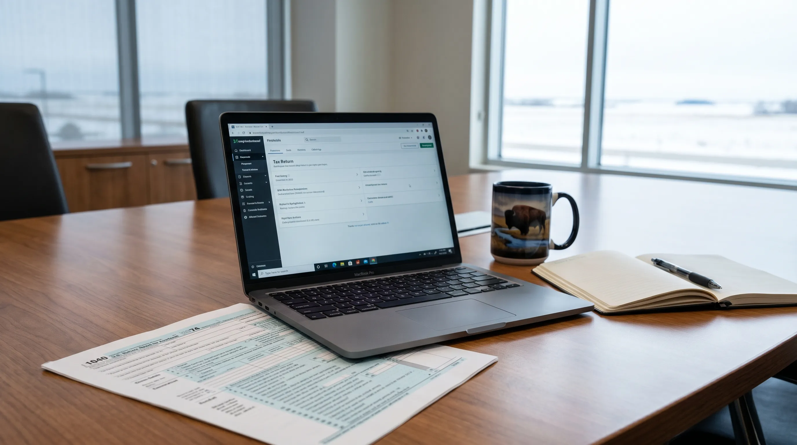 CPA accountant reviewing tax documents with a small business owner in a professional Bismarck, ND office with the North Dakota State Capitol visible through the window