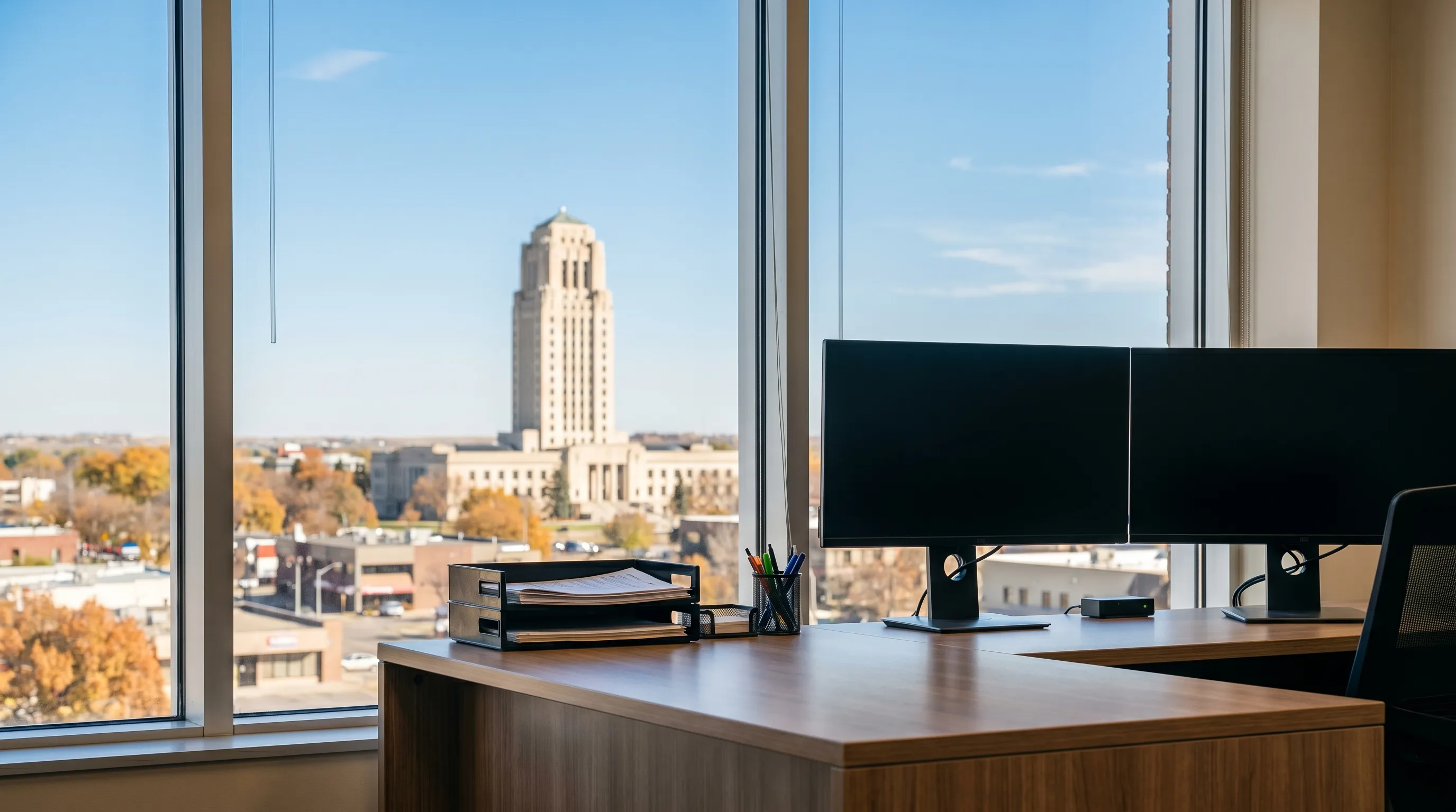 CPA accountant reviewing tax documents with a small business owner in a professional Bismarck, ND office with the North Dakota State Capitol visible through the window