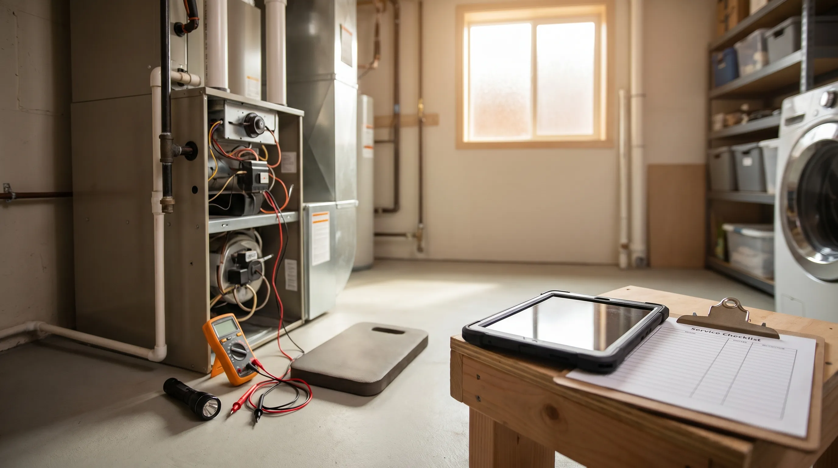 Professional HVAC technician servicing a furnace in a Missoula, MT home with mountain view