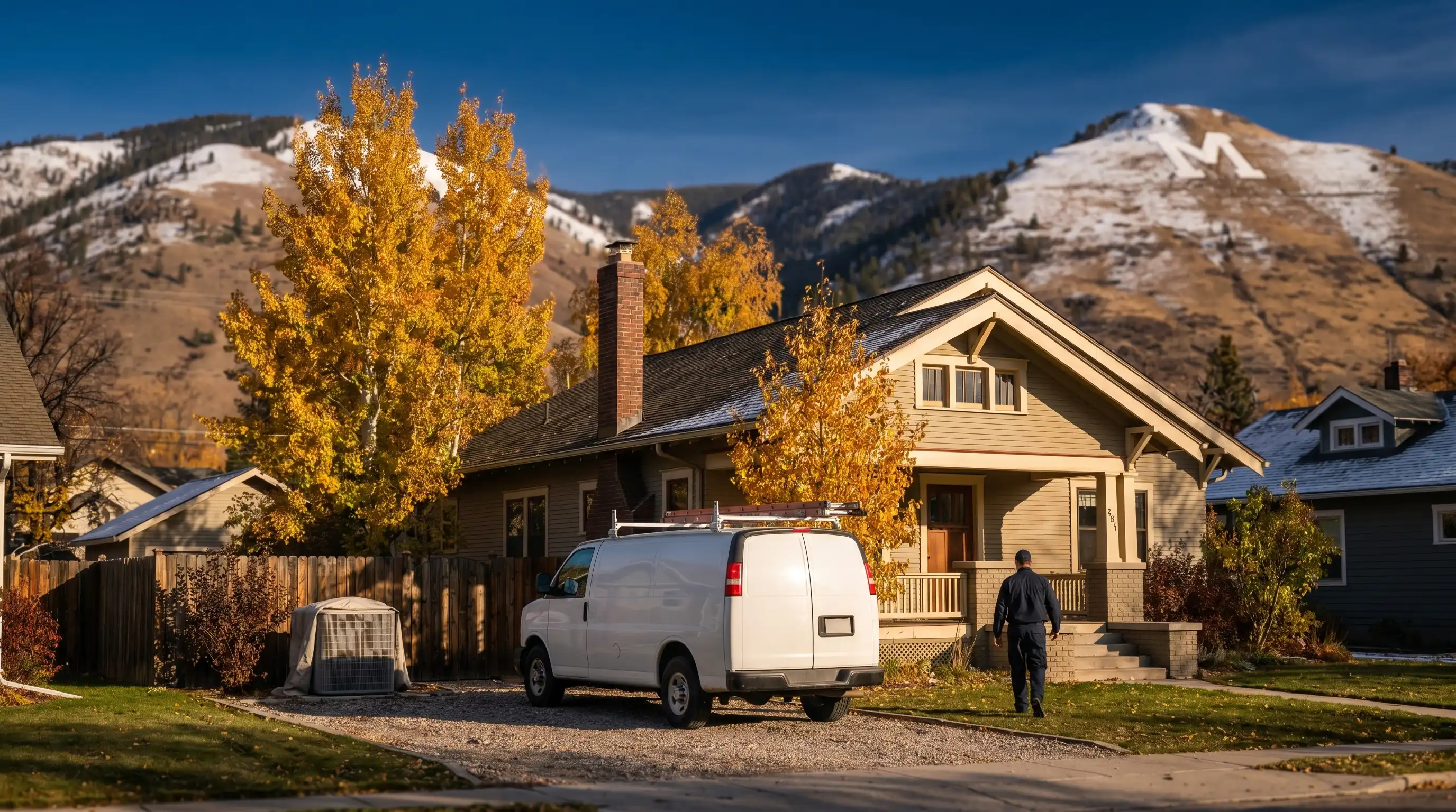 Professional HVAC technician servicing a furnace in a Missoula, MT home with mountain view